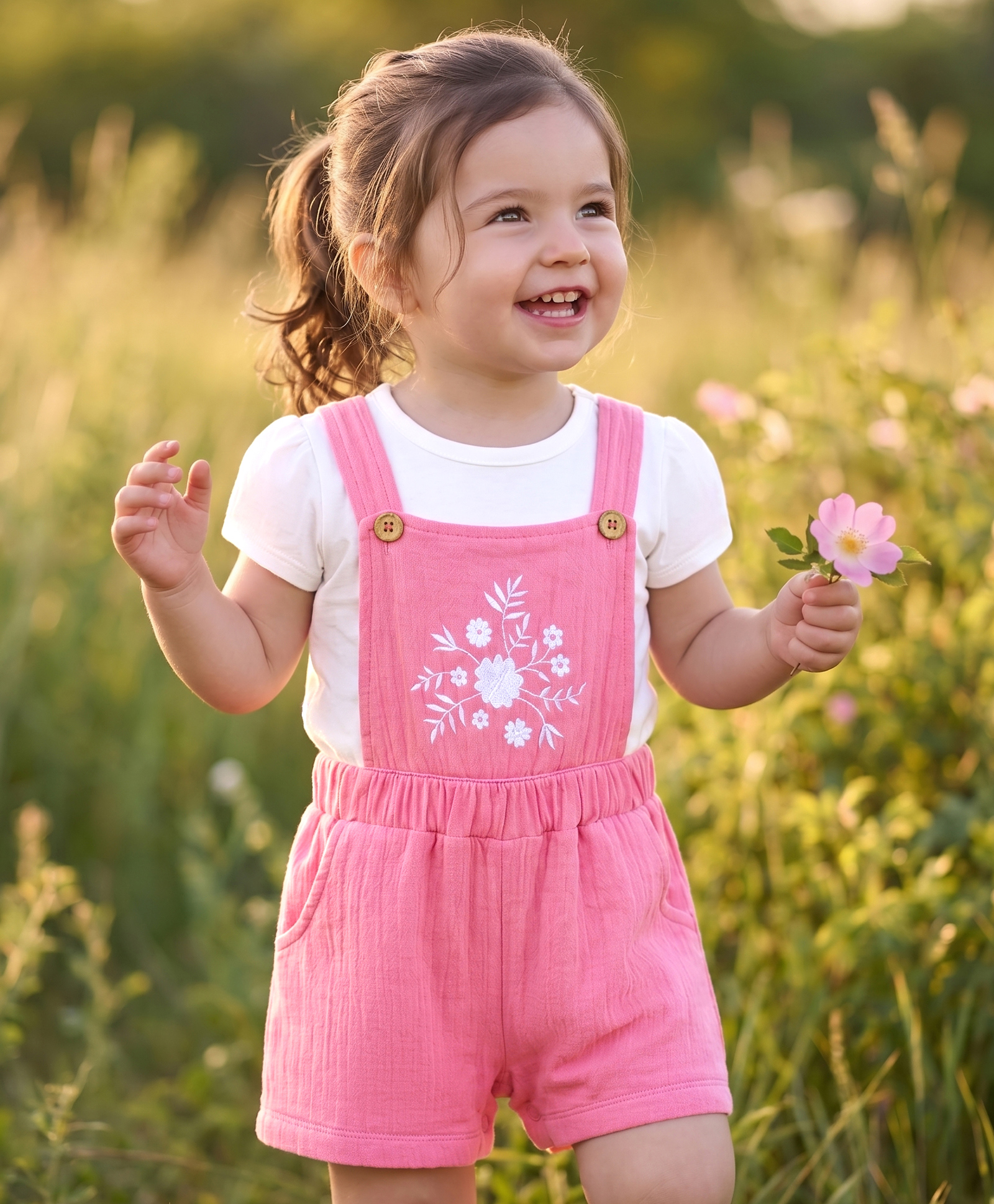 Babyoye Cotton Woven Half Sleeves Floral Embroidered Dungaree With Tee - Pink & White-image-25