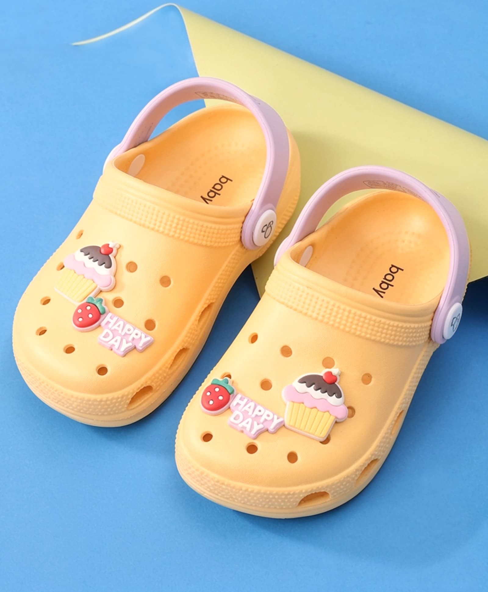 Babyoye Back Strap Closure Clogs With Strawberry & Cupcake Applique - Yellow-picture-48
