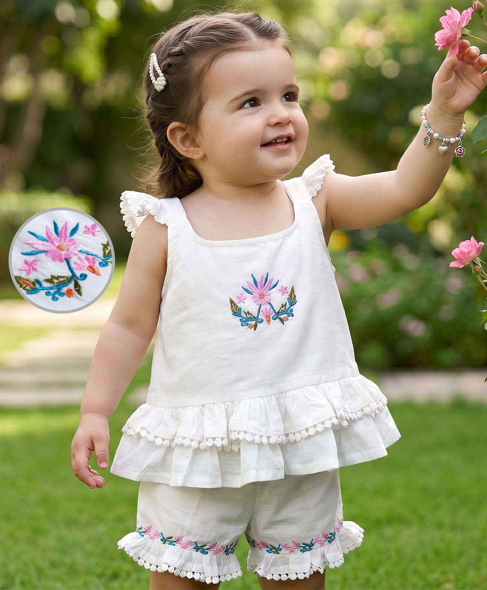 Babyoye 100% Cotton Woven Sleeveless Floral Embroidered Top & Shorts Set - White-image-30