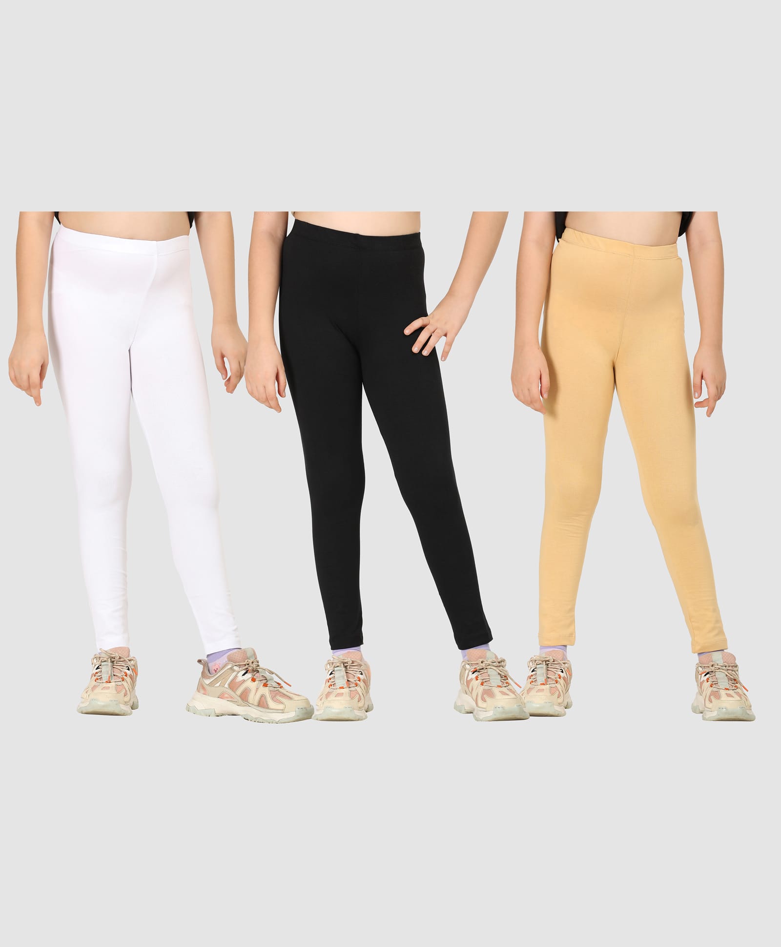 Zion Cotton Lycra Knit Pack Of 3 Solid Leggings - White Black Nude-picture-0
