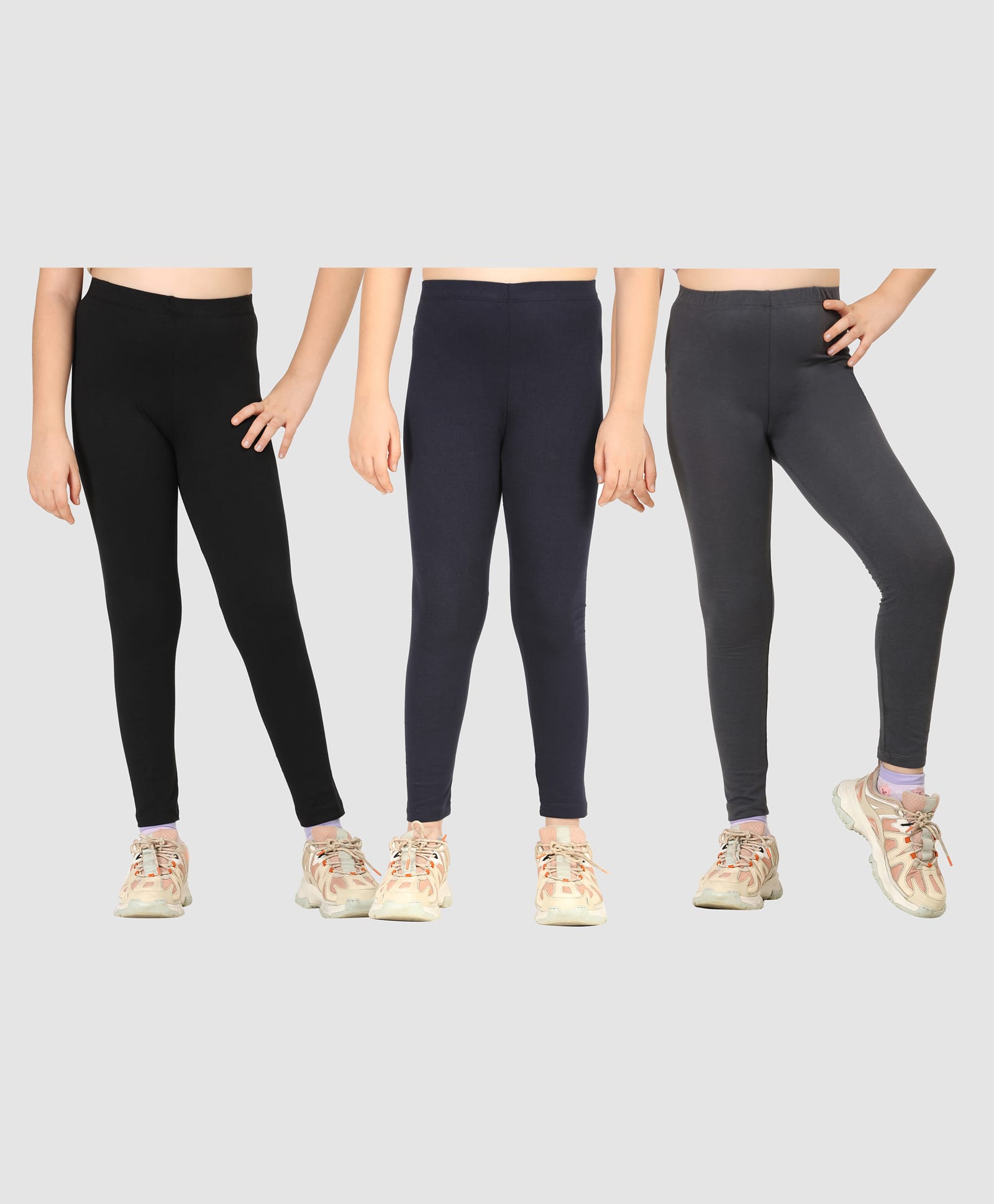 Zion Cotton Lycra Knit Pack Of 3 Solid Leggings - Black Navy Dark Grey-picture-32