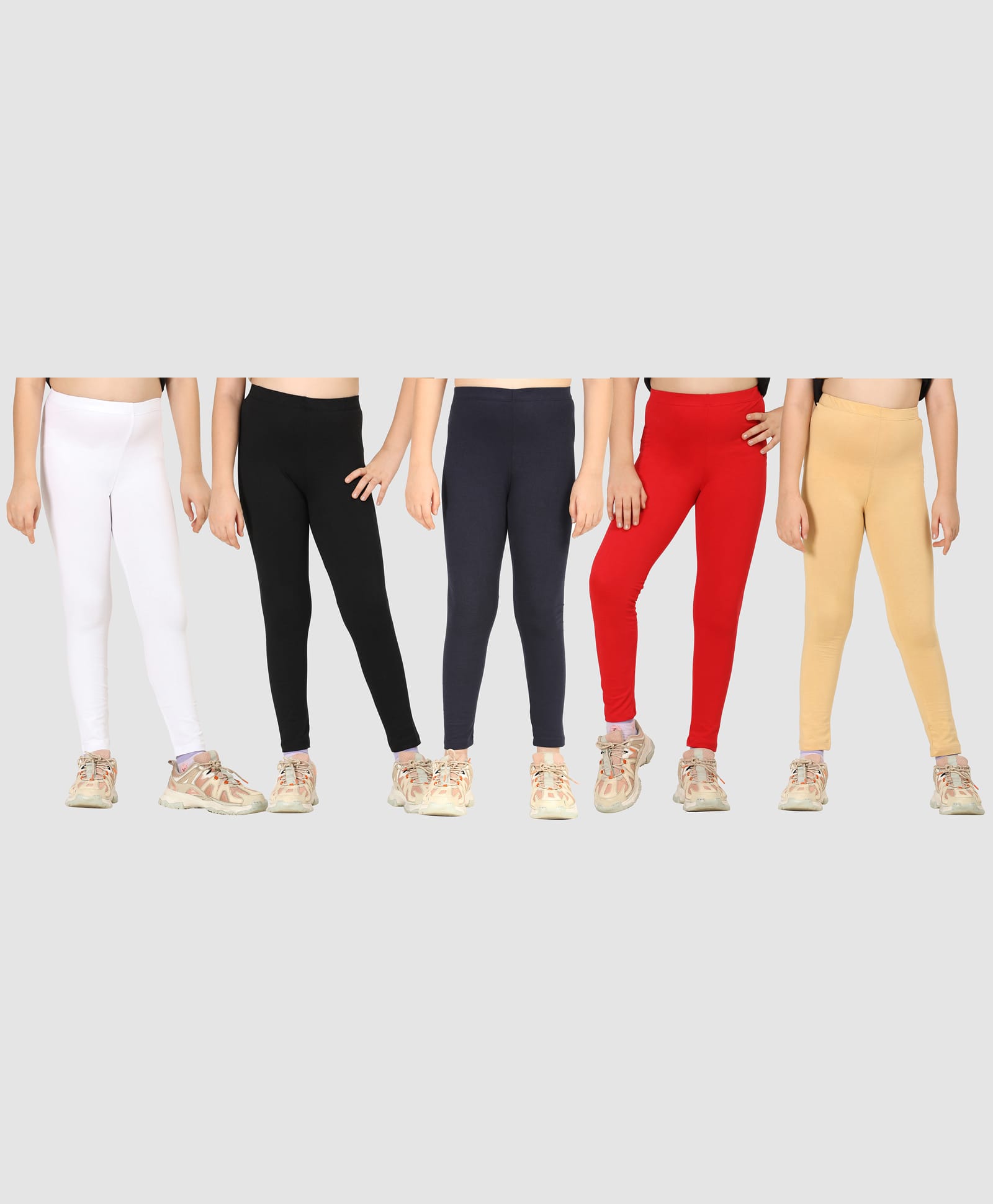 Zion Cotton Lycra Knit Pack Of 5 Solid Leggings - White Black Navy Red Nude-picture-36