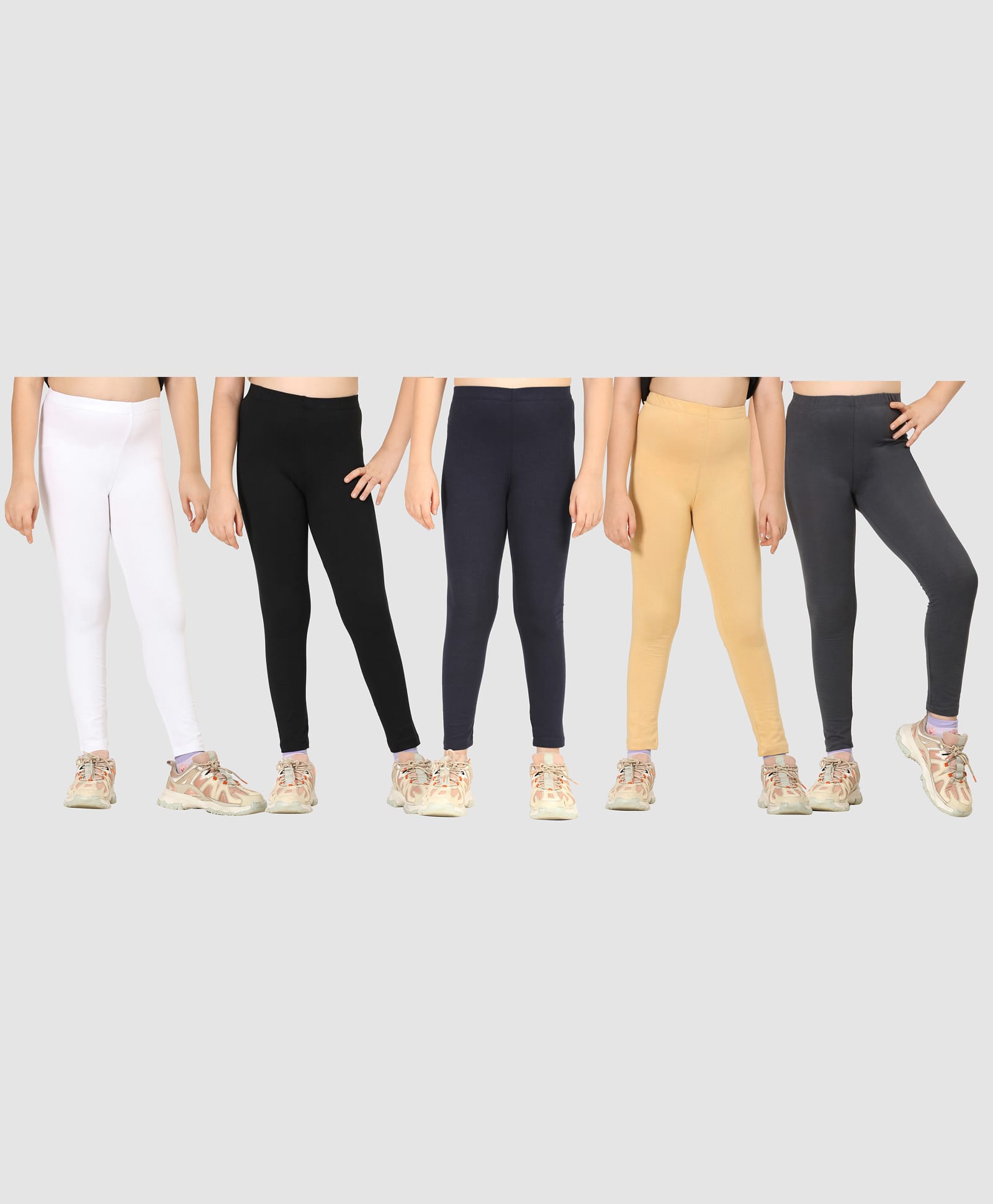Zion Cotton Lycra Knit Pack Of 5 Solid Leggings - White Black Navy Nude Dark Grey-picture-7