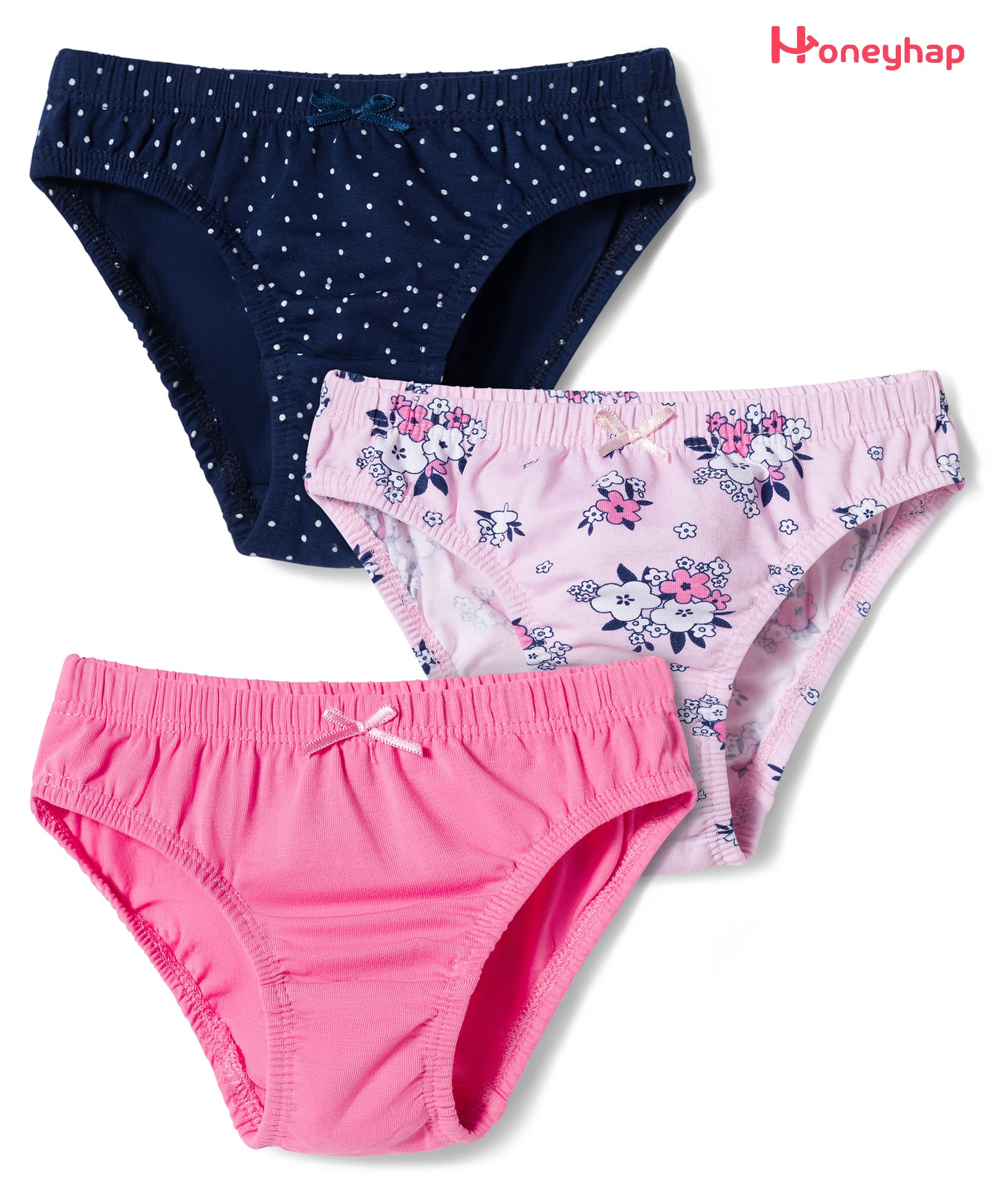 Honeyhap Premium Cotton Elastane Knit Solid Floral & Polka Dots Printed Panties With Bio Finish Pack of 3 - Sachet Pink & Navy Peony Tander Touch-image-10