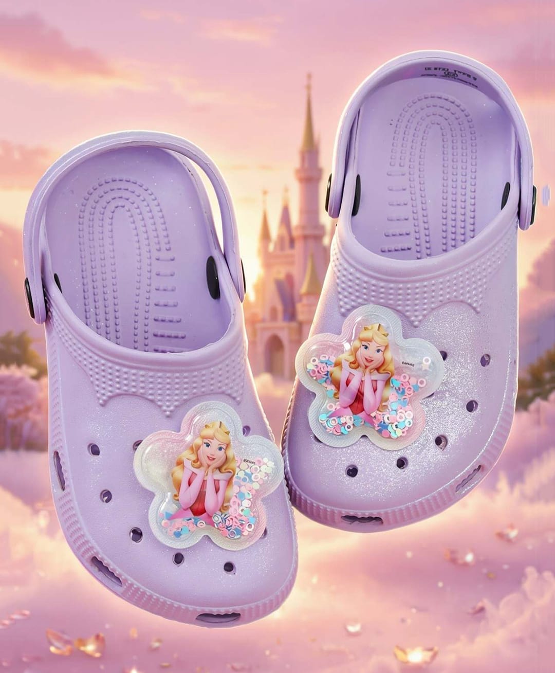 Yellow Bee Disney Princess Featuring Aurora Character Applique Detailed Perforated Slingback Clogs - Purple-picture-24