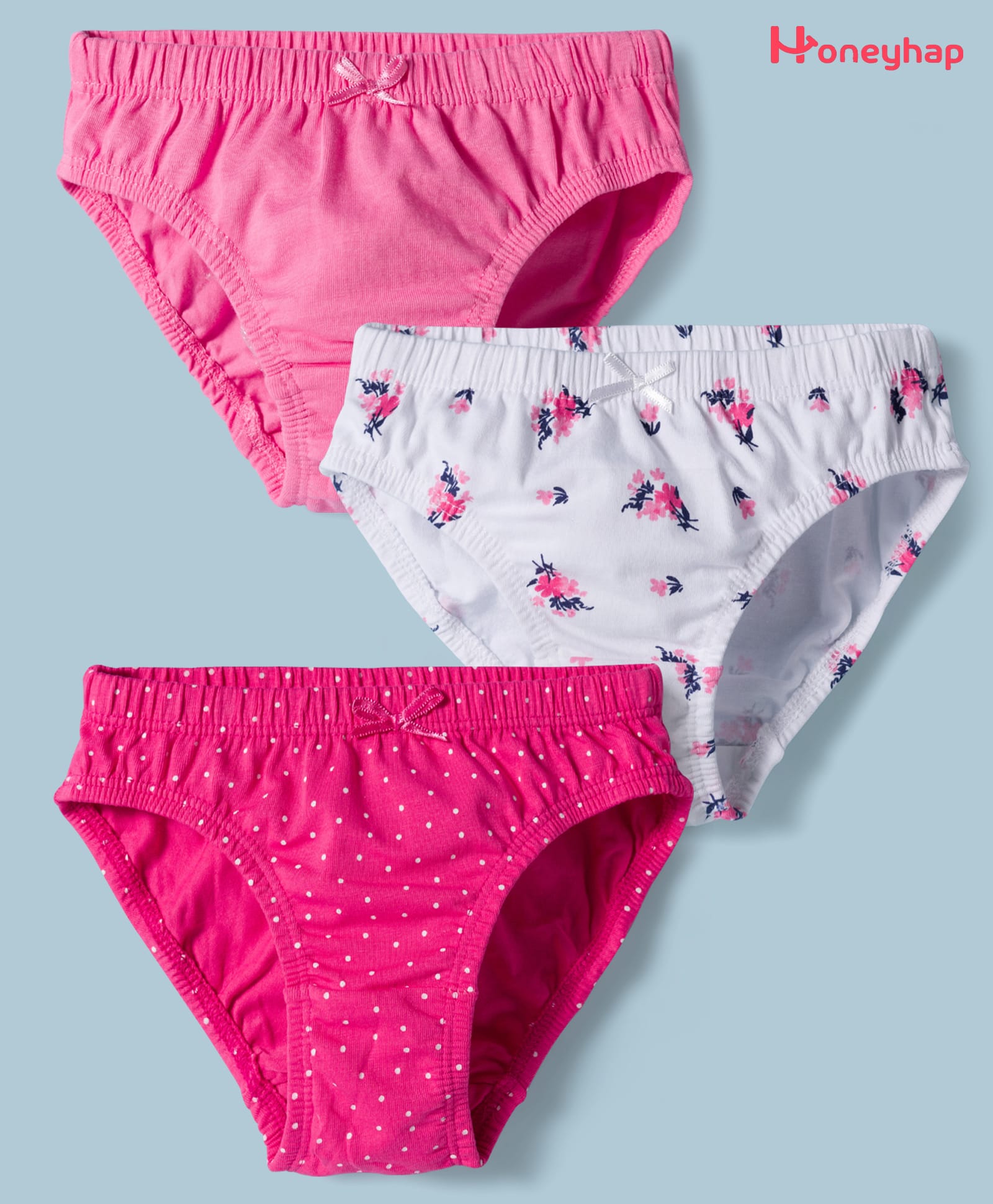 Honeyhap Premium Cotton Elastane Knit Solid Floral & Polka Dots Printed Panties With Bio Finish Pack of 3 - Bright White Sachet Pink & Fandango Pink-picture-14