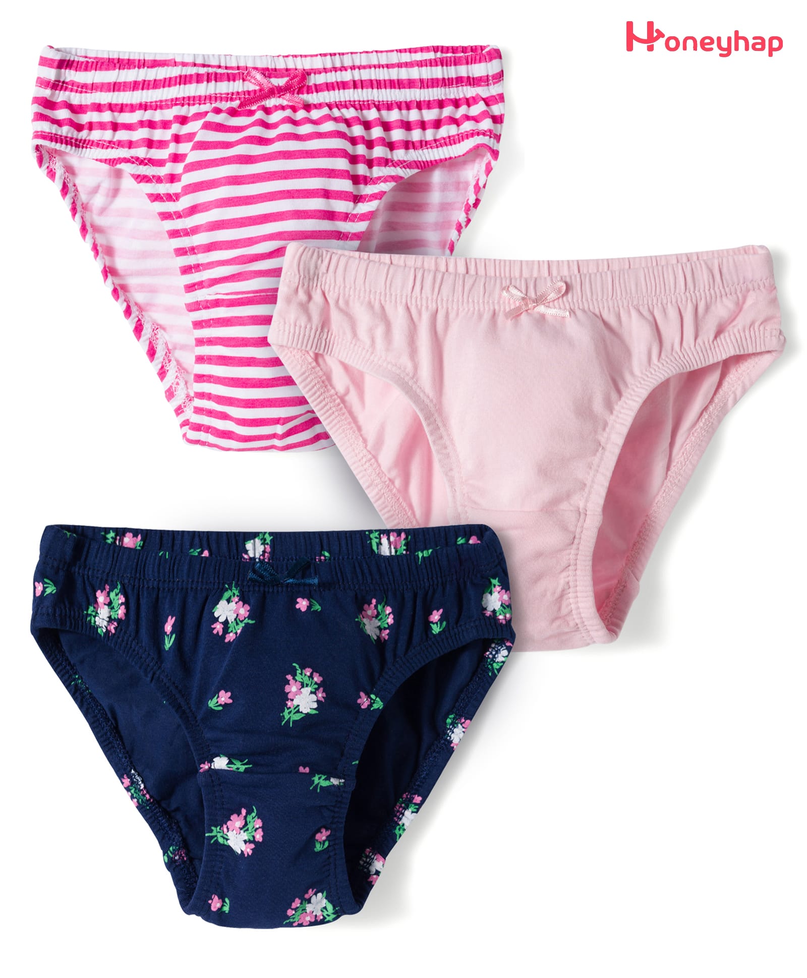 Honeyhap Premium Cotton Elastane Knit with Bio Finish Solid Striped & Floral Printed Panties - Bright White Fandango Pink & Navy Blue-picture-8