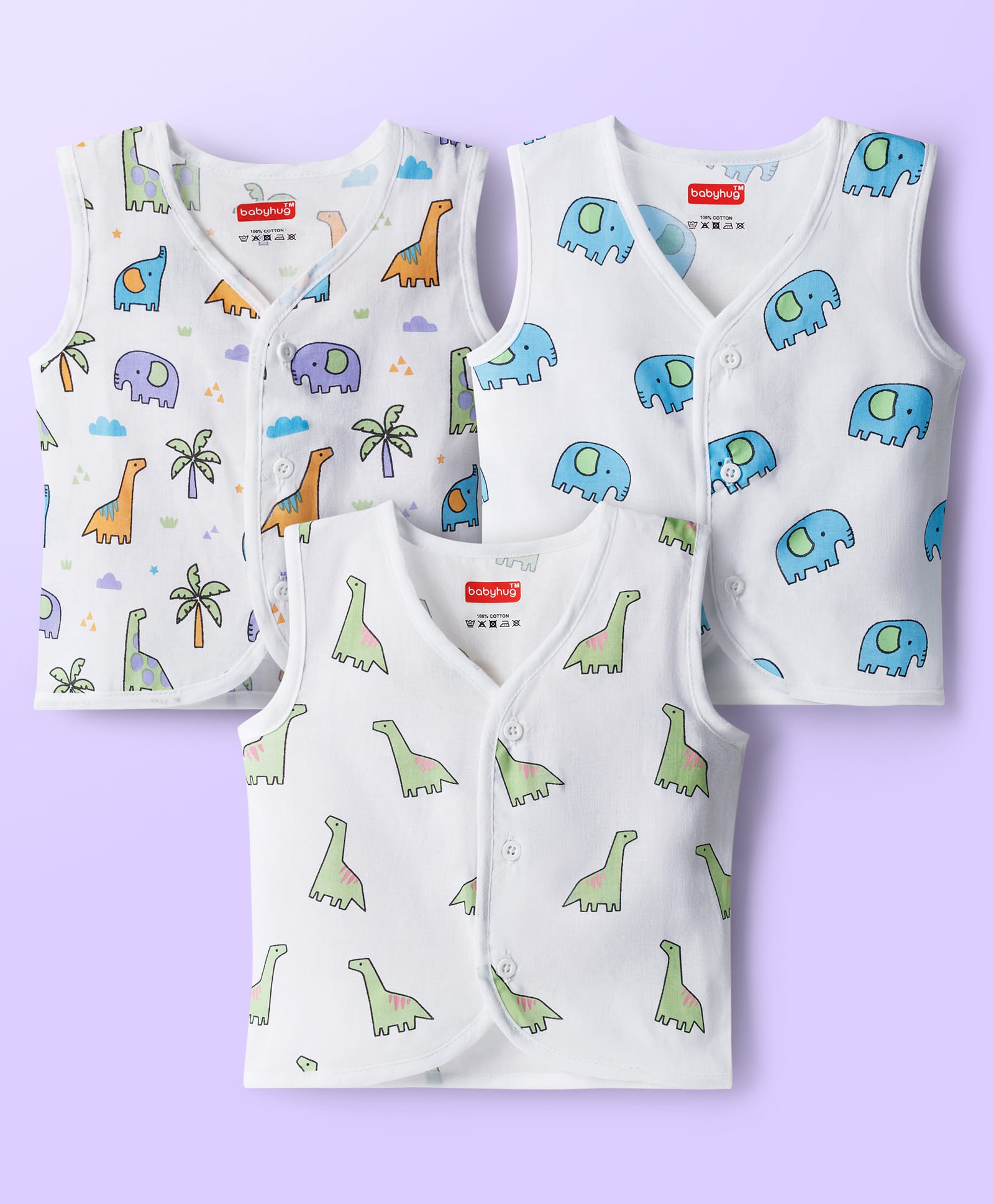 Babyhug 100% Cotton Woven Sleeveless Front Open Jhablas with Animal Print Pack of 3 - Multicolor