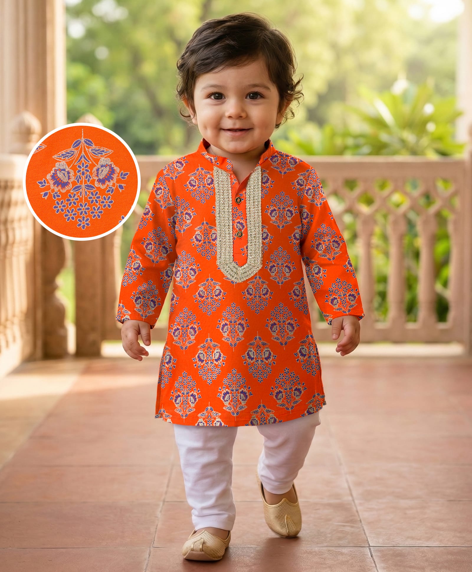 EARTHY TOUCH Cotton Jersey Knit Full Sleeves Floral Printed Kurta Pyjama Set with Lace Detailing - Orange-image-48