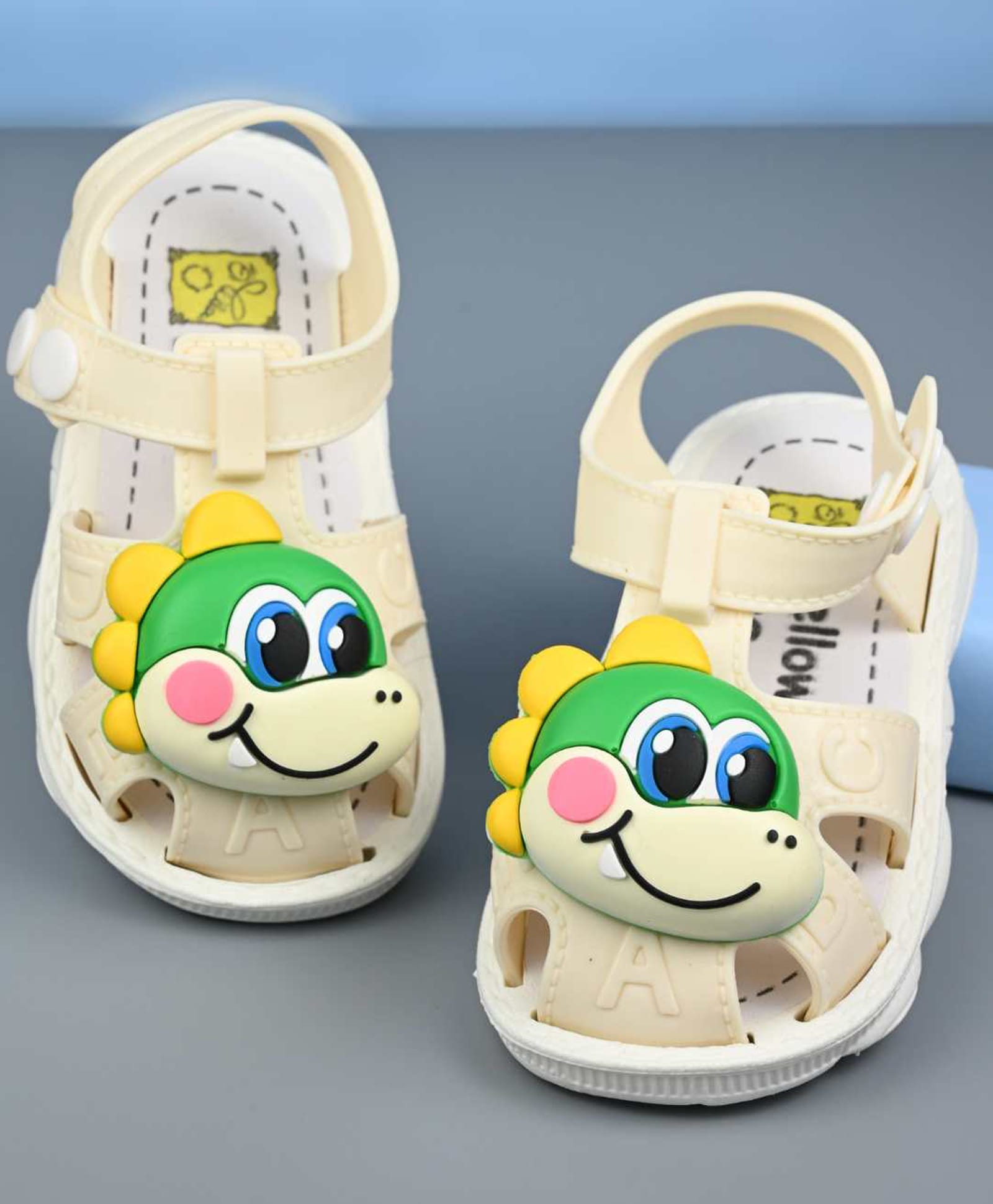 Yellow Bee Dinosaur Applique Detailed Button Closure Sandals - Beige-image-42