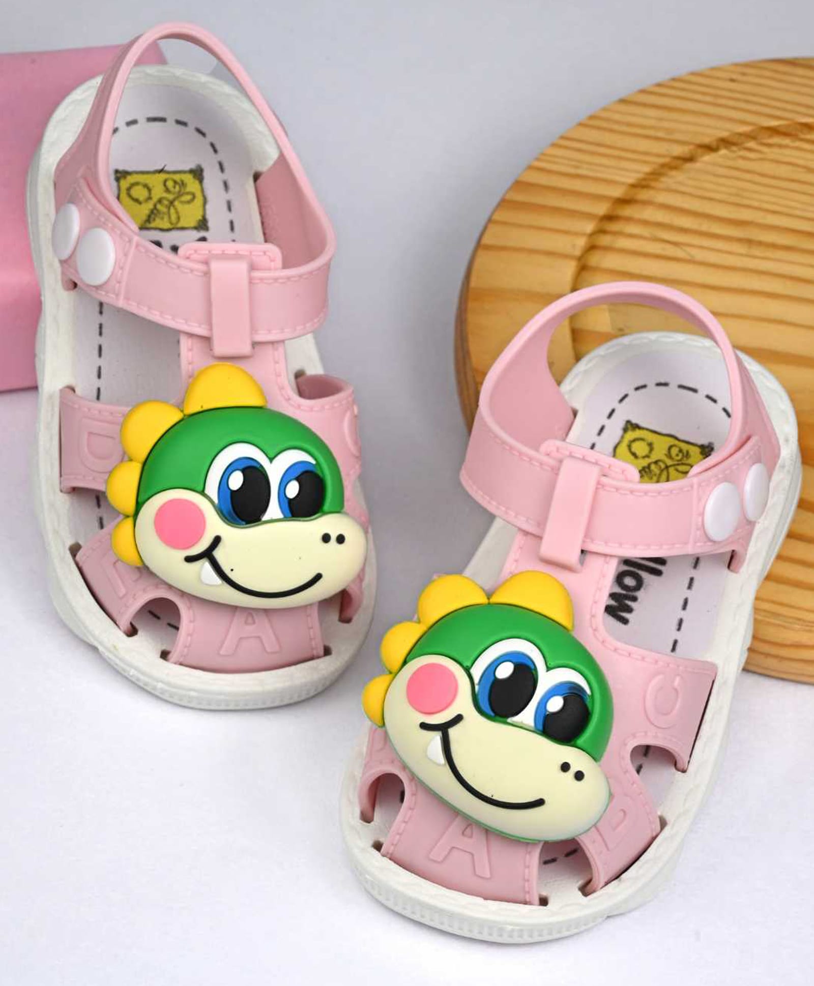Yellow Bee Dinosaur Applique Detailed Button Closure Sandals - Pink-picture-29