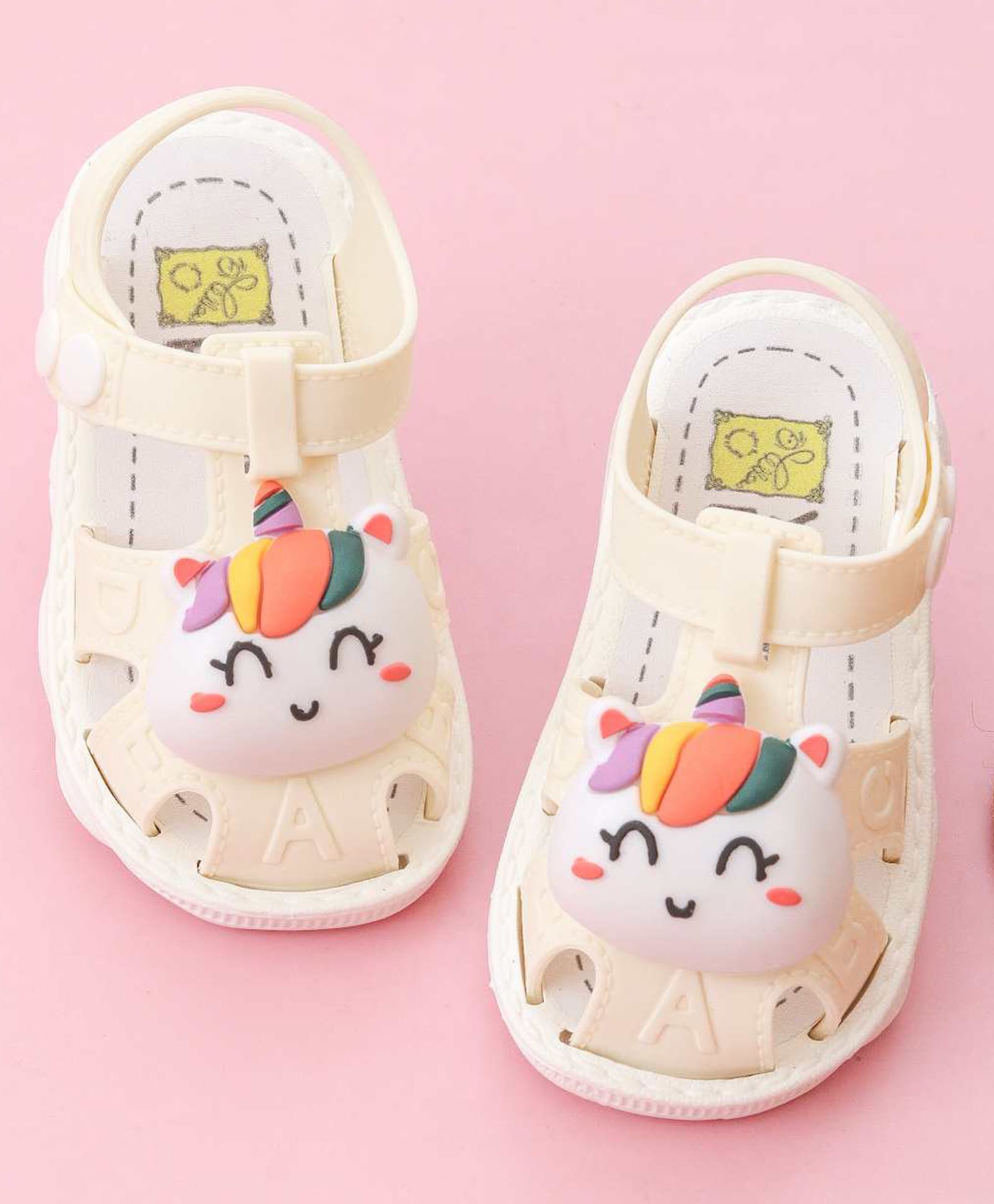 Yellow Bee Unicorn Applique Detailed Button Closure Sandals - Beige-picture-32