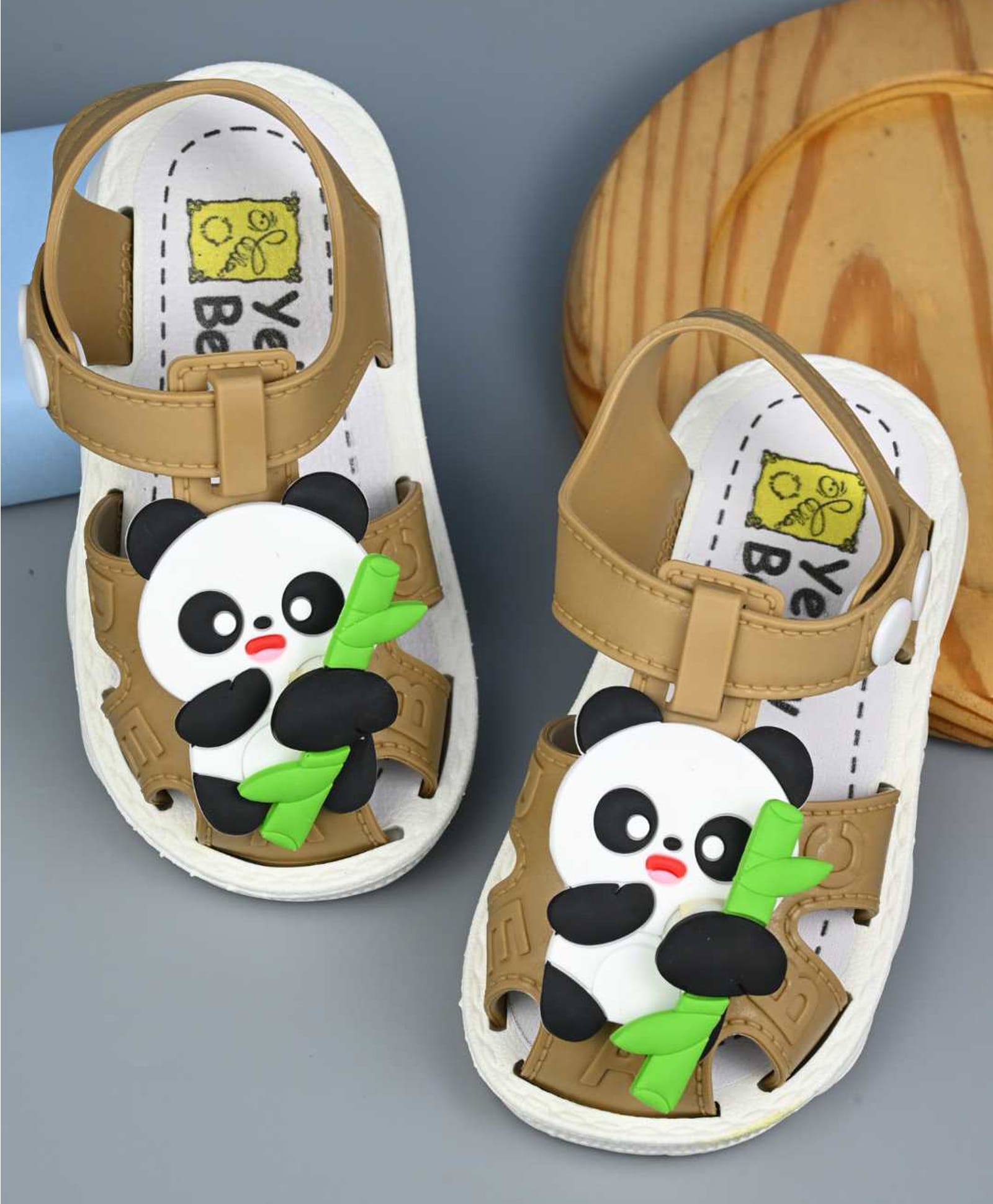 Yellow Bee Panda & Bamboo Rotating Charms Button Closure Sandals - Brown-picture-23