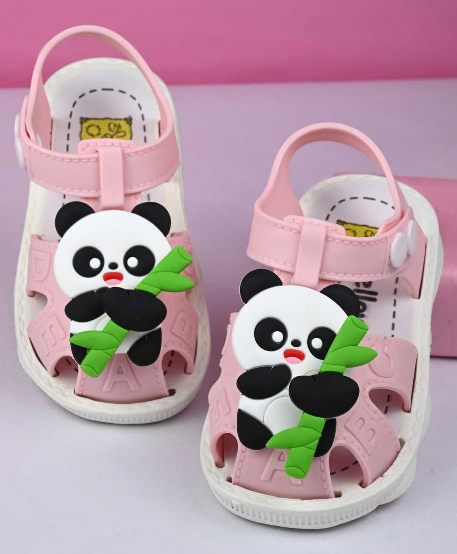 Yellow Bee Panda & Bamboo Rotating Charms Button Closure Sandals - Pink-picture-38