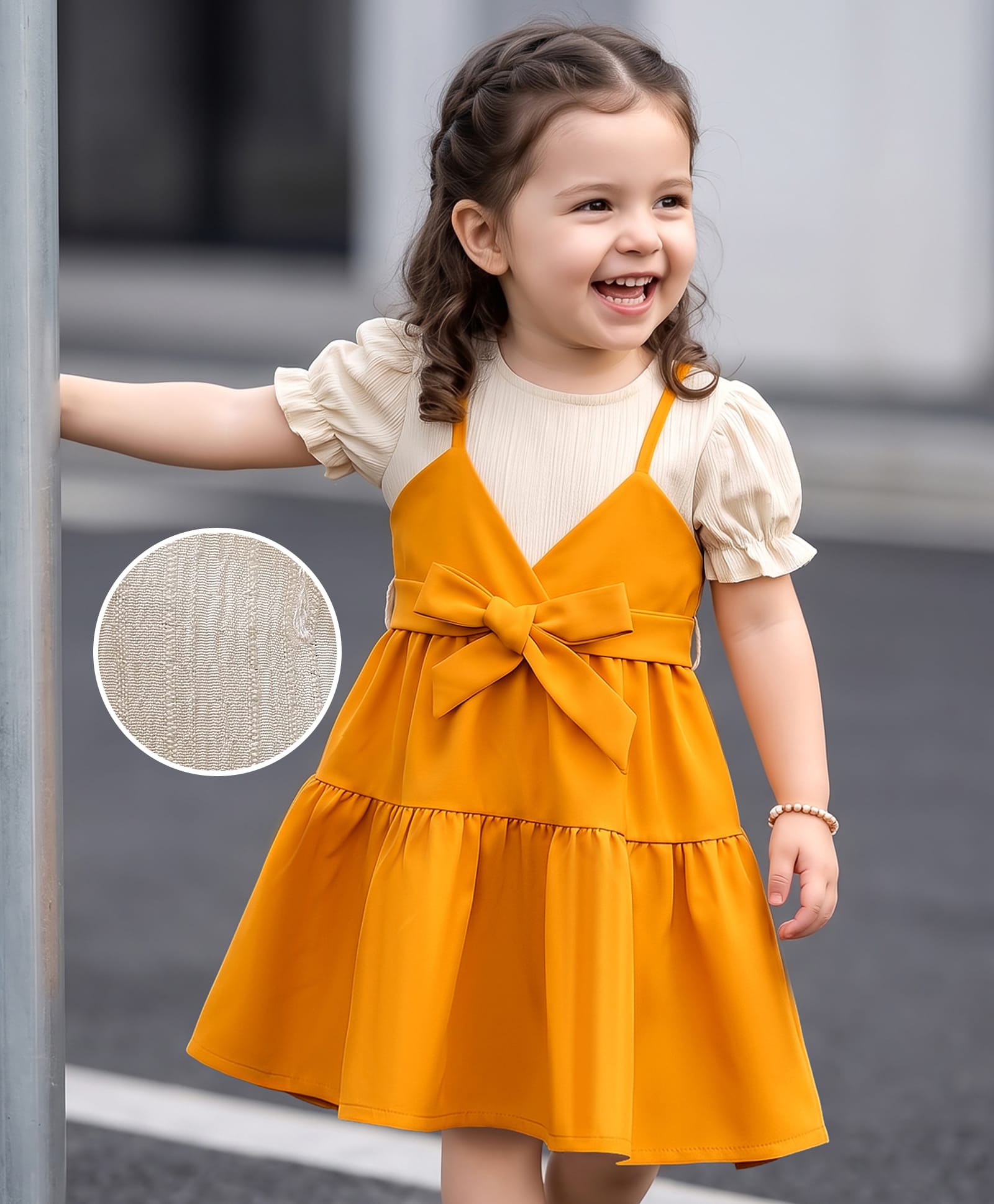 Mark & Mia Half Puffed Sleeves Solid Colour Tiered Party Dress with Bow Applique - Orange-image-13