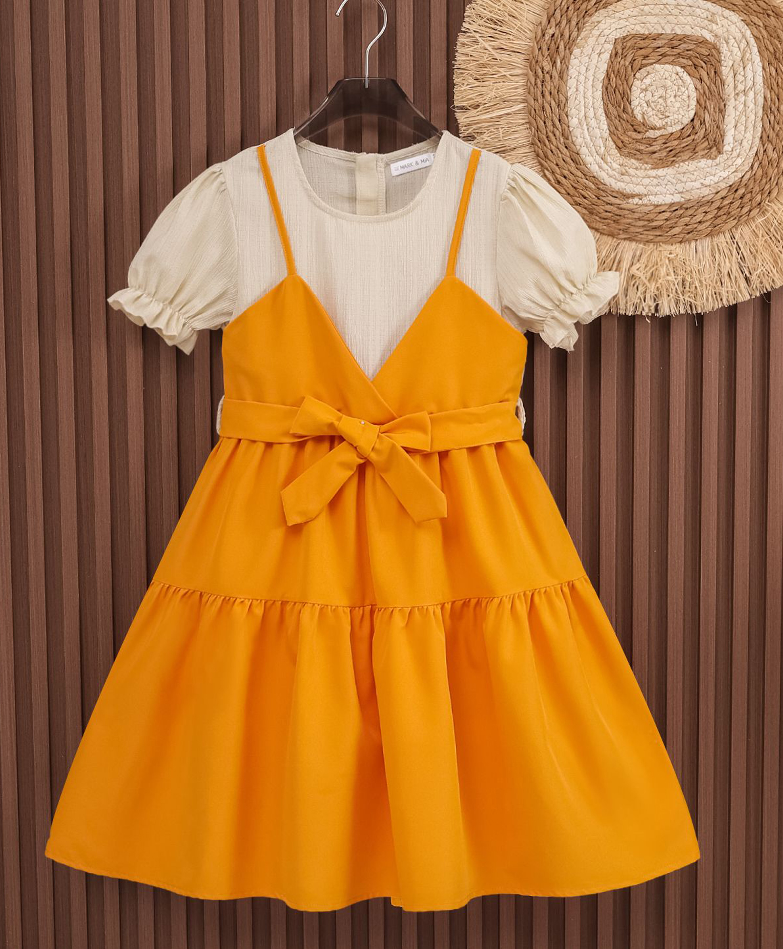 Mark & Mia Half Puffed Sleeves Solid Colour Tiered Dress - Yellow-image-35