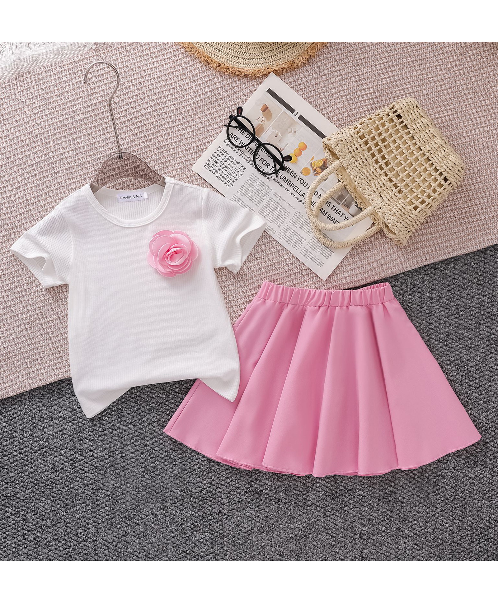 Mark & Mia Viscose Half Sleeves Top & Skirt Set with Floral Applique - Pink & White-picture-20