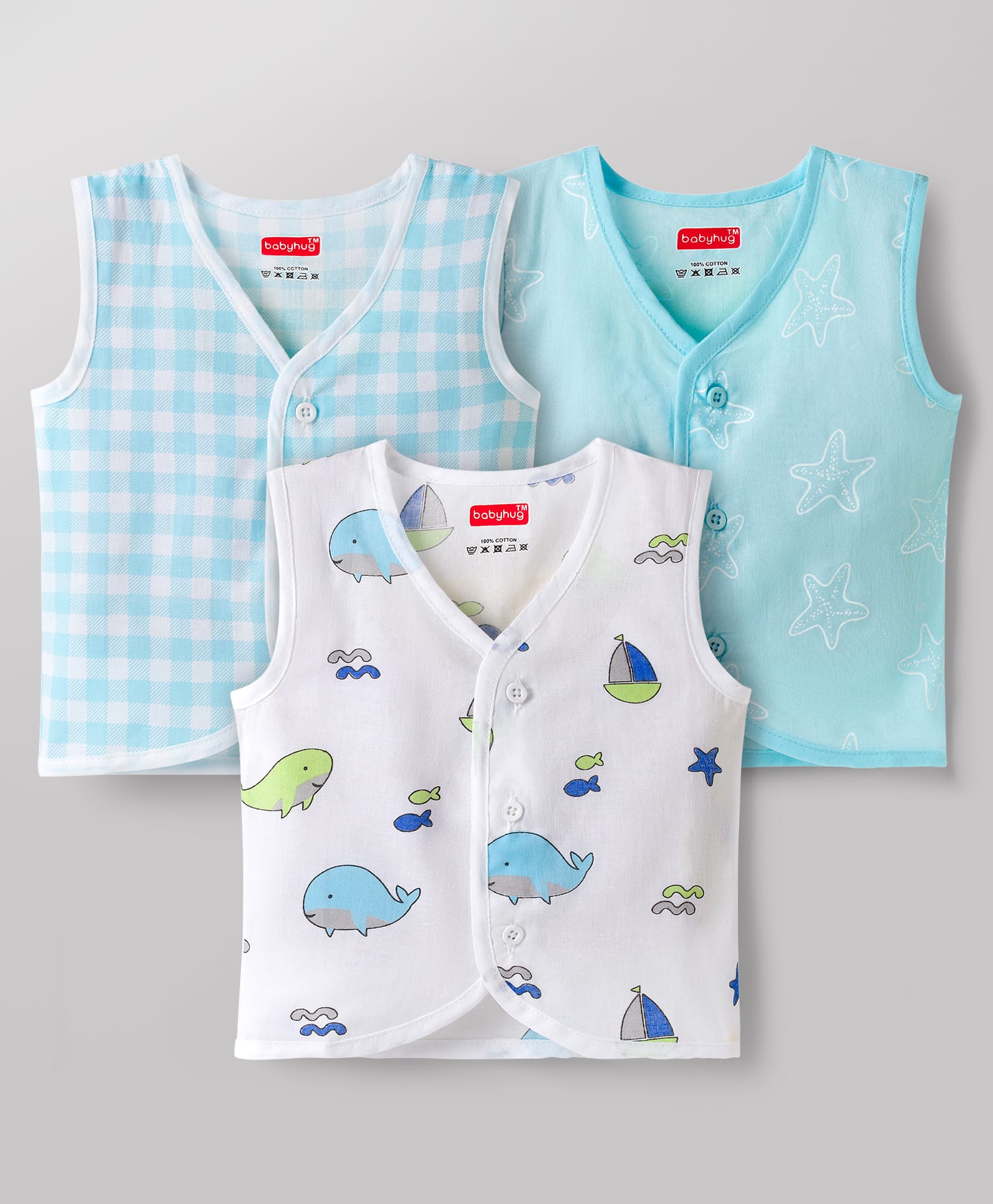 Babyhug 100% Cotton Knit Sleeveless Sea Life Theme Printed Front Open Jhablas Pack of 3 - Blue & White