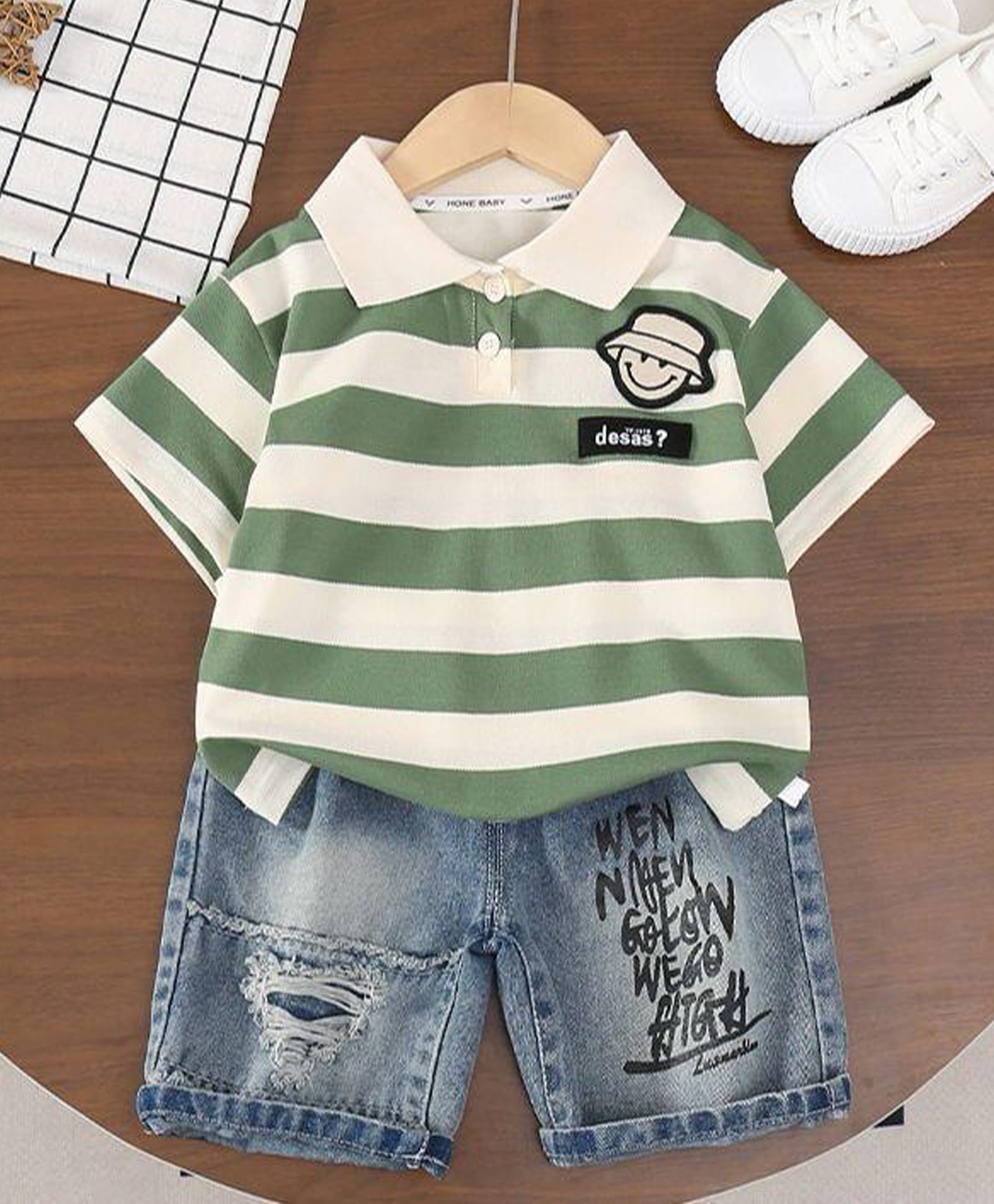 POP STREET KIDS Cotton Knit Half Sleeves Striped Smiley Patch Detailed Polo Tee & Shorts Set - Green-picture-19