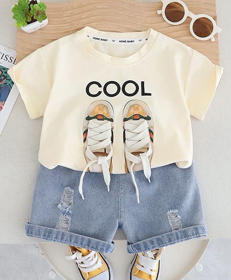 POP STREET KIDS Cotton Knit Half Sleeves Cool Text Printed Lace Applique Detailed Tee & Shorts Set - Cream-image-41