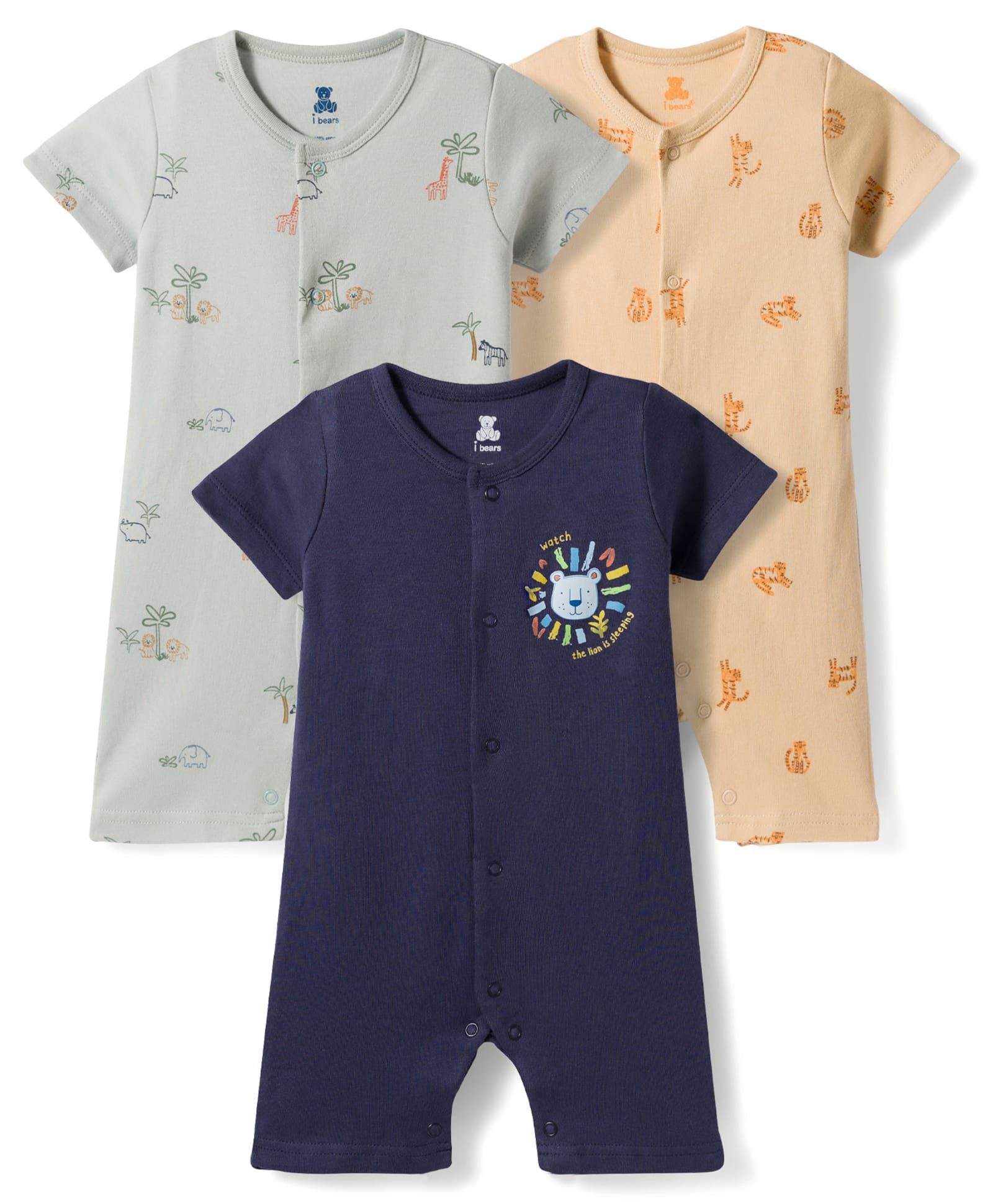 I Bears Interlock Knit Half Sleeves Animal Printed Rompers Pack Of 3 - Multicolour-image-36