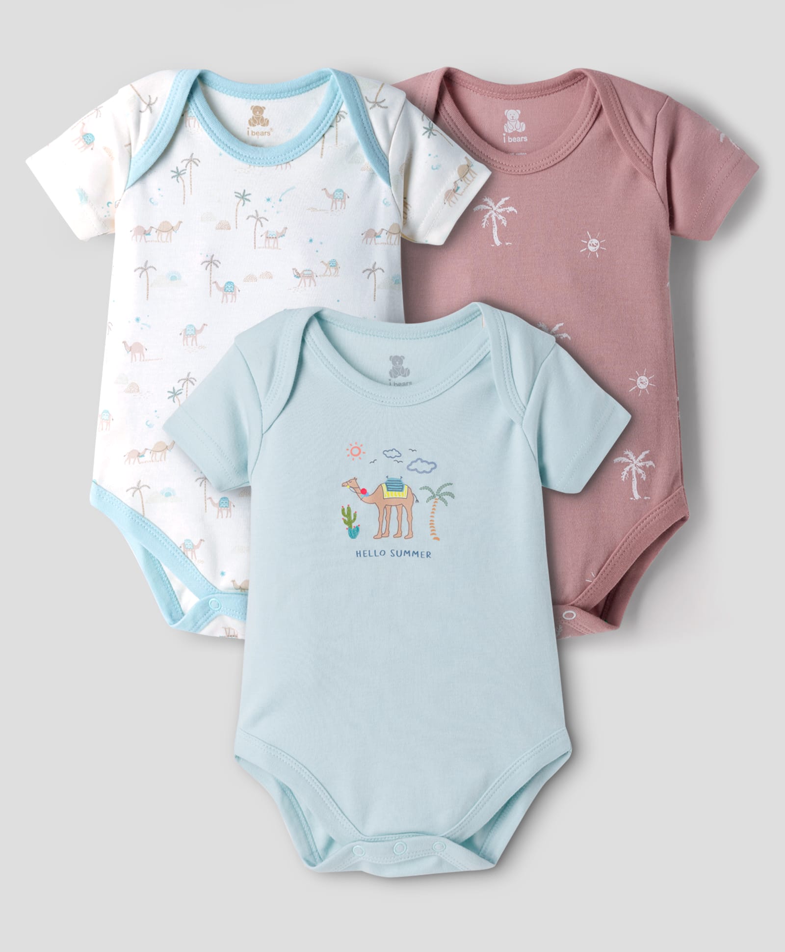 I Bears Interlock Knit Half Sleeves Camel Printed Onesies Pack of 3 - Multicolour-image-22
