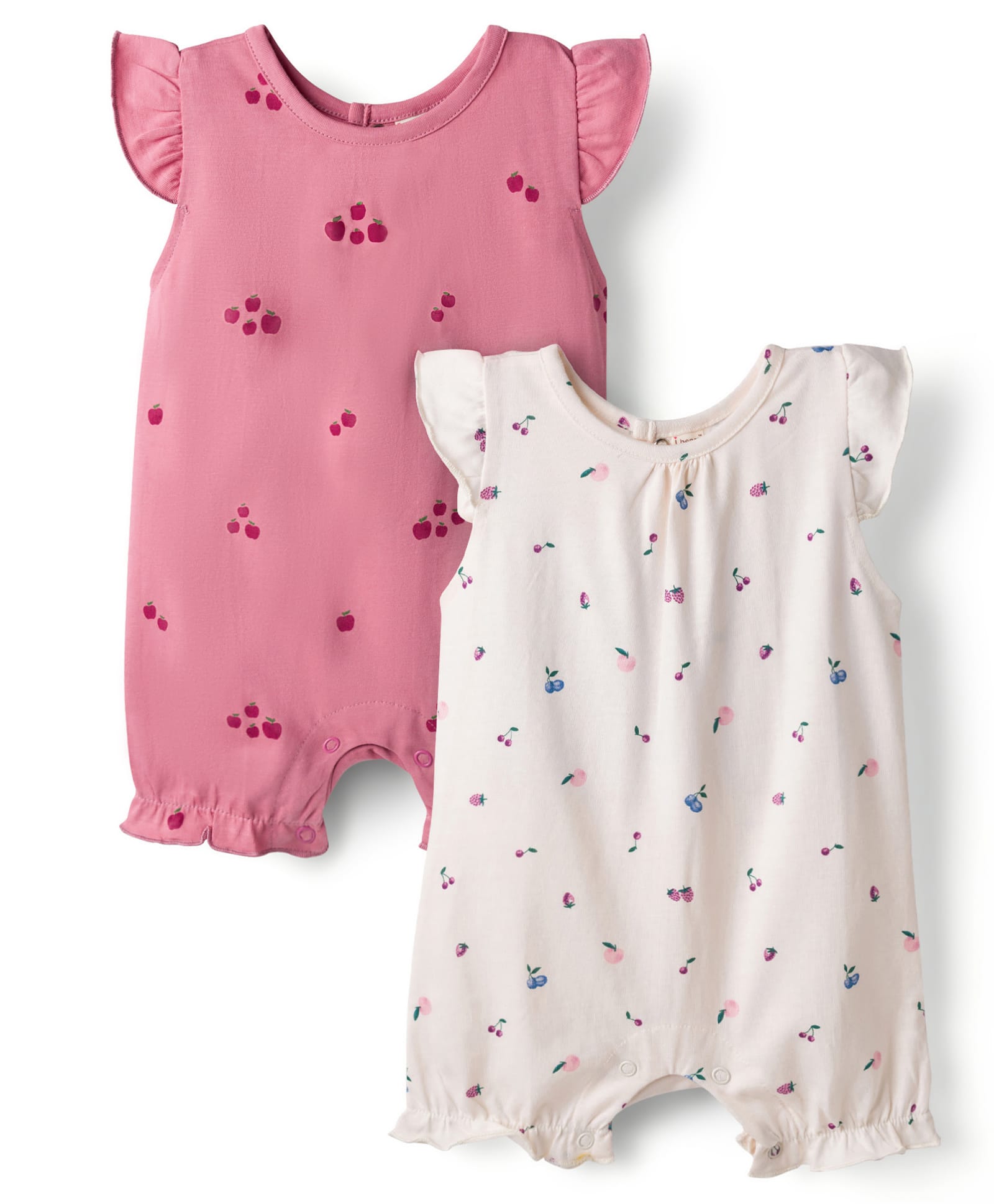 I Bears Interlock Knit Sleeveless Apple & Cherry Printed Rompers with Frill Detailing Pack of 2 - Pink & White-image-24