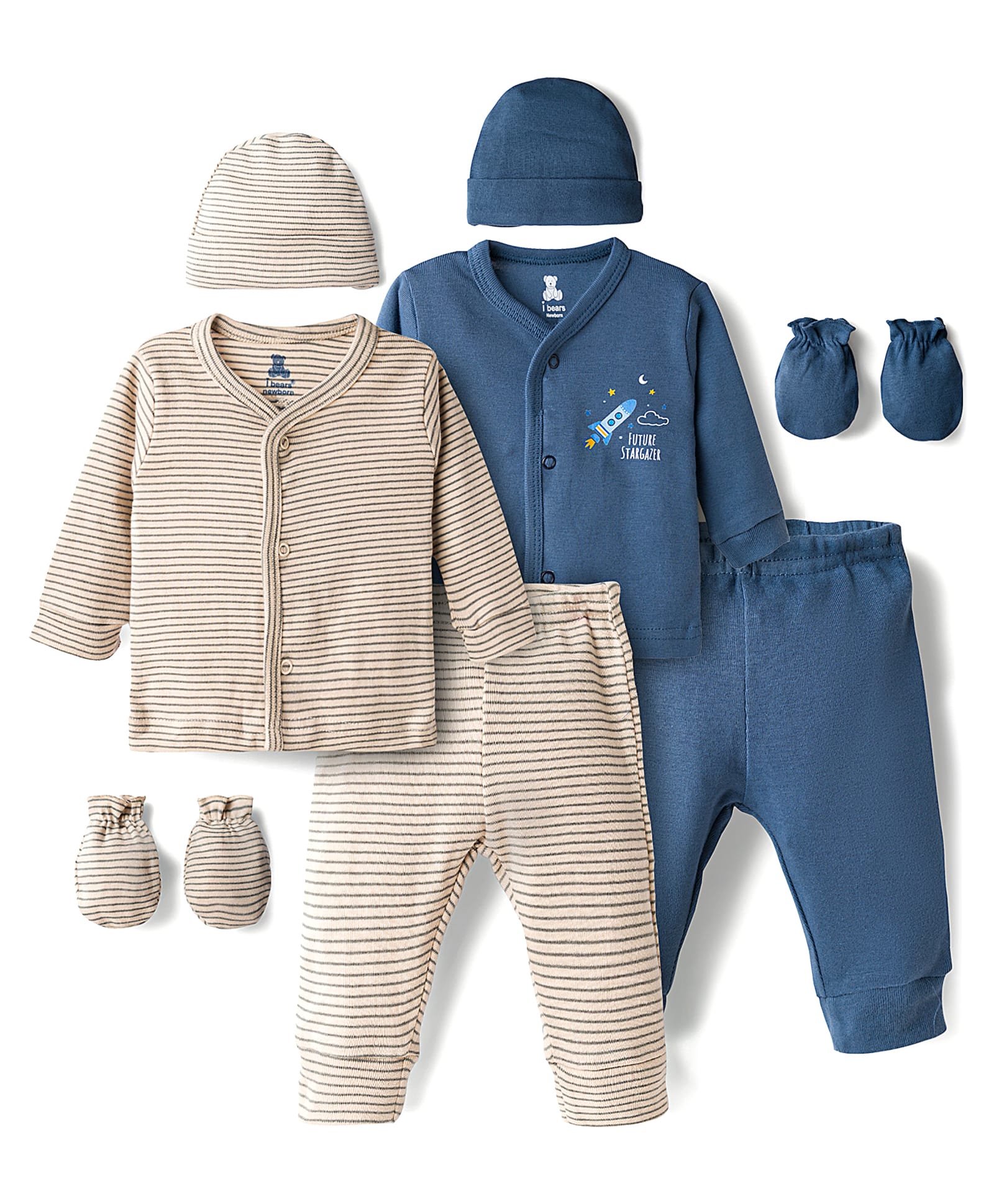 I Bears Knit Full Sleeves Striped & Printed T-Shirts & Pyjamas Co-ord Night Suits With Caps & Mittens Pack of 2 - Multicolor