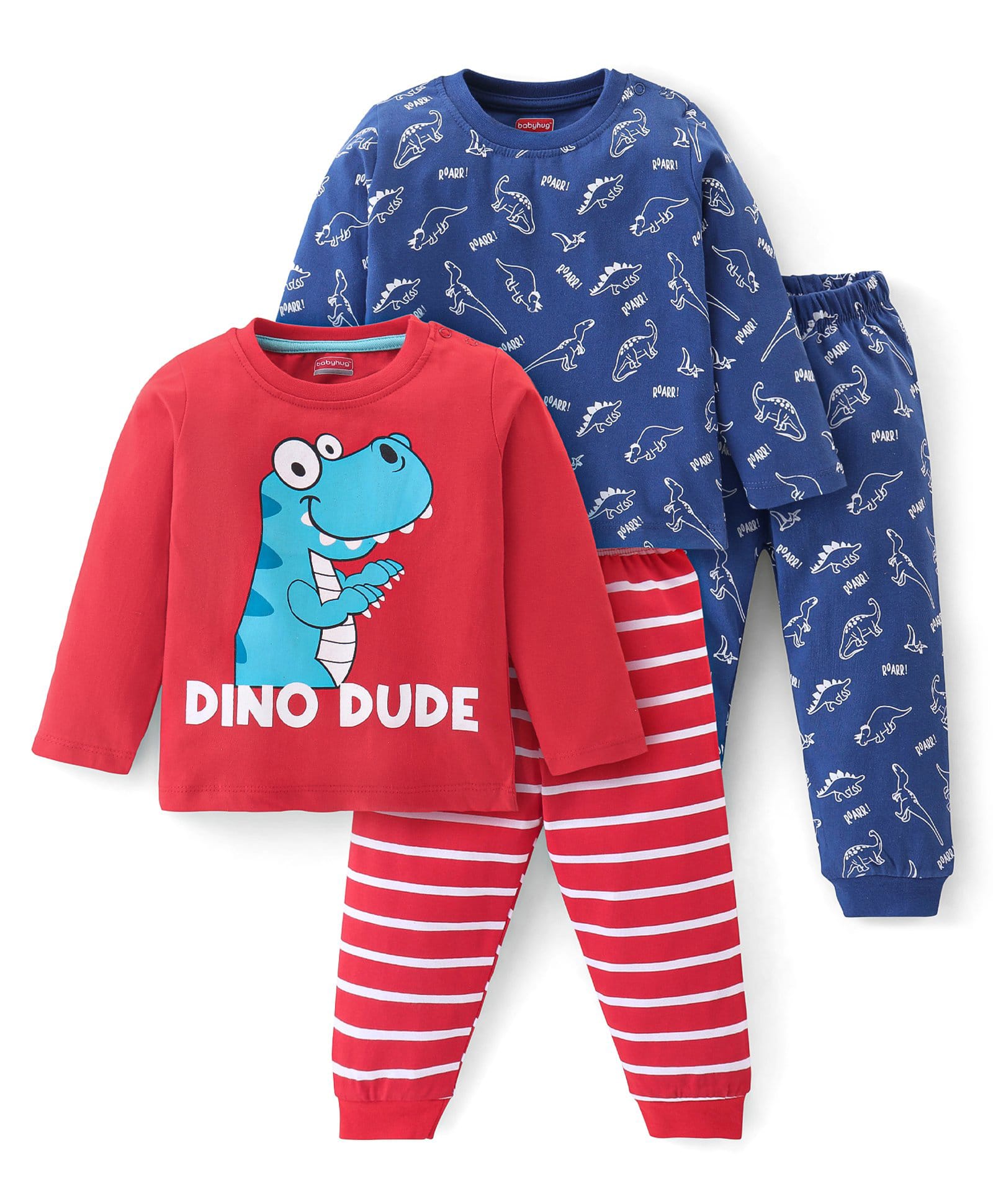 Babyhug Cotton Knit Full Sleeves T-Shirt & Pyjama Co-Ord Night Suit Set with Dino Print Pack of 2 - Red & Blue