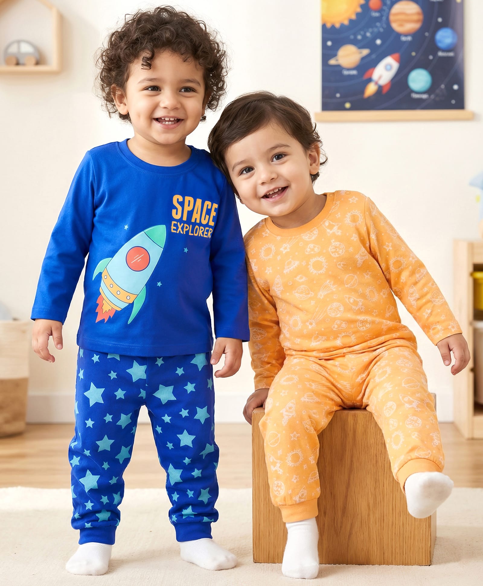 Babyhug Cotton Knit Full Sleeves T-Shirts & Pyjamas Co-ord Night Suits With Space Theme Print Pack of 2 - Multicolor