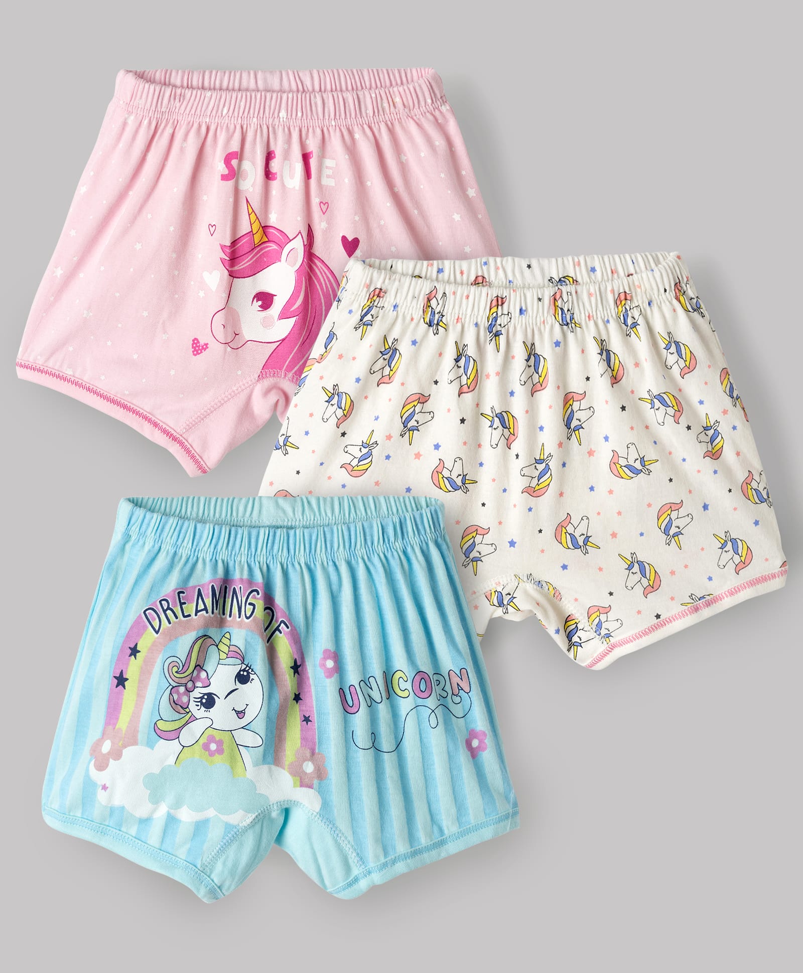 Bodycare Cotton Knit Shorts With Unicorn Print Pack of 3 - Baby Pink Light Blue & White-image-10