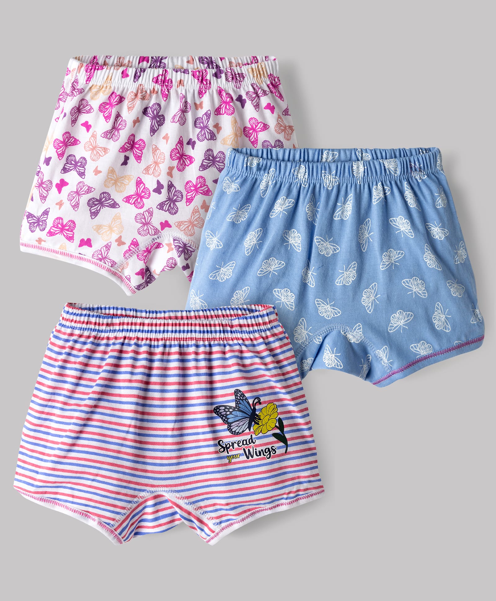 Bodycare Cotton Knit Shorts with Butterfly Print Pack of 3 - White Light Blue & Pink-image-38