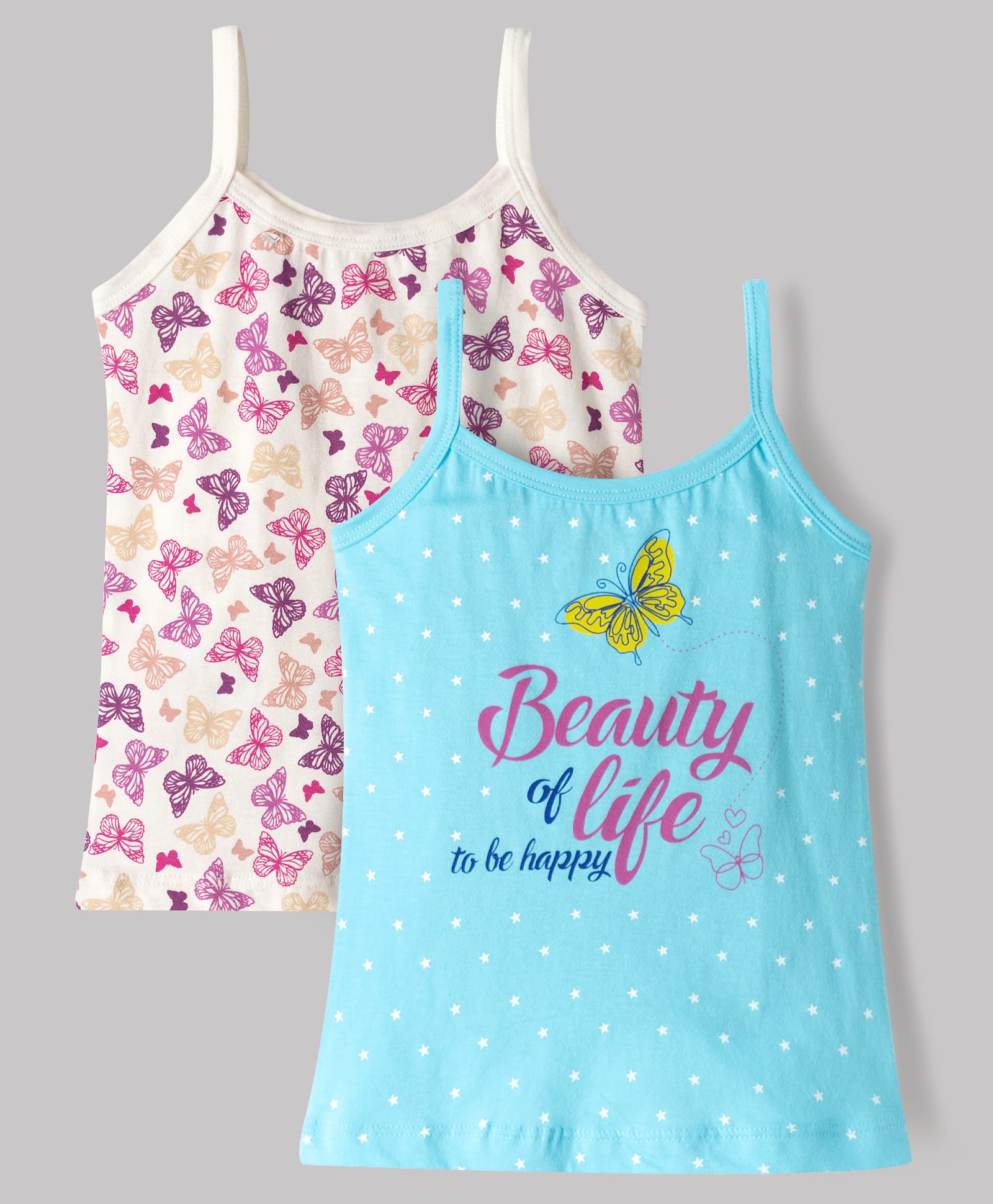 Bodycare Cotton Knit Sleeveless Slips With Butterfly & Star Print Pack of 2 - White & Light Blue-picture-17