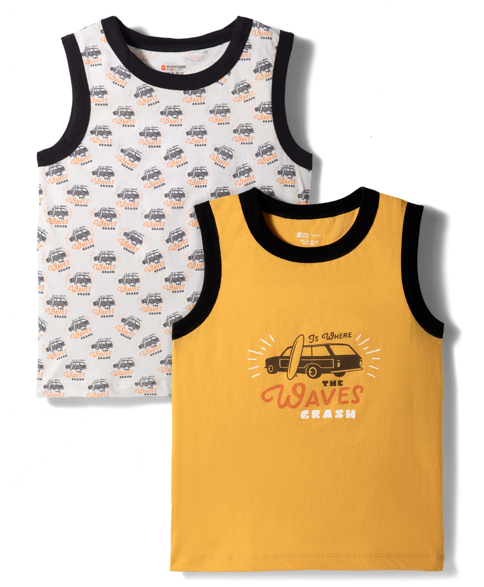 Bodycare 100% Cotton Knit Sleeveless Beach Theme Printed Vests Pack Of 2 - Mustard & Grey-image-47