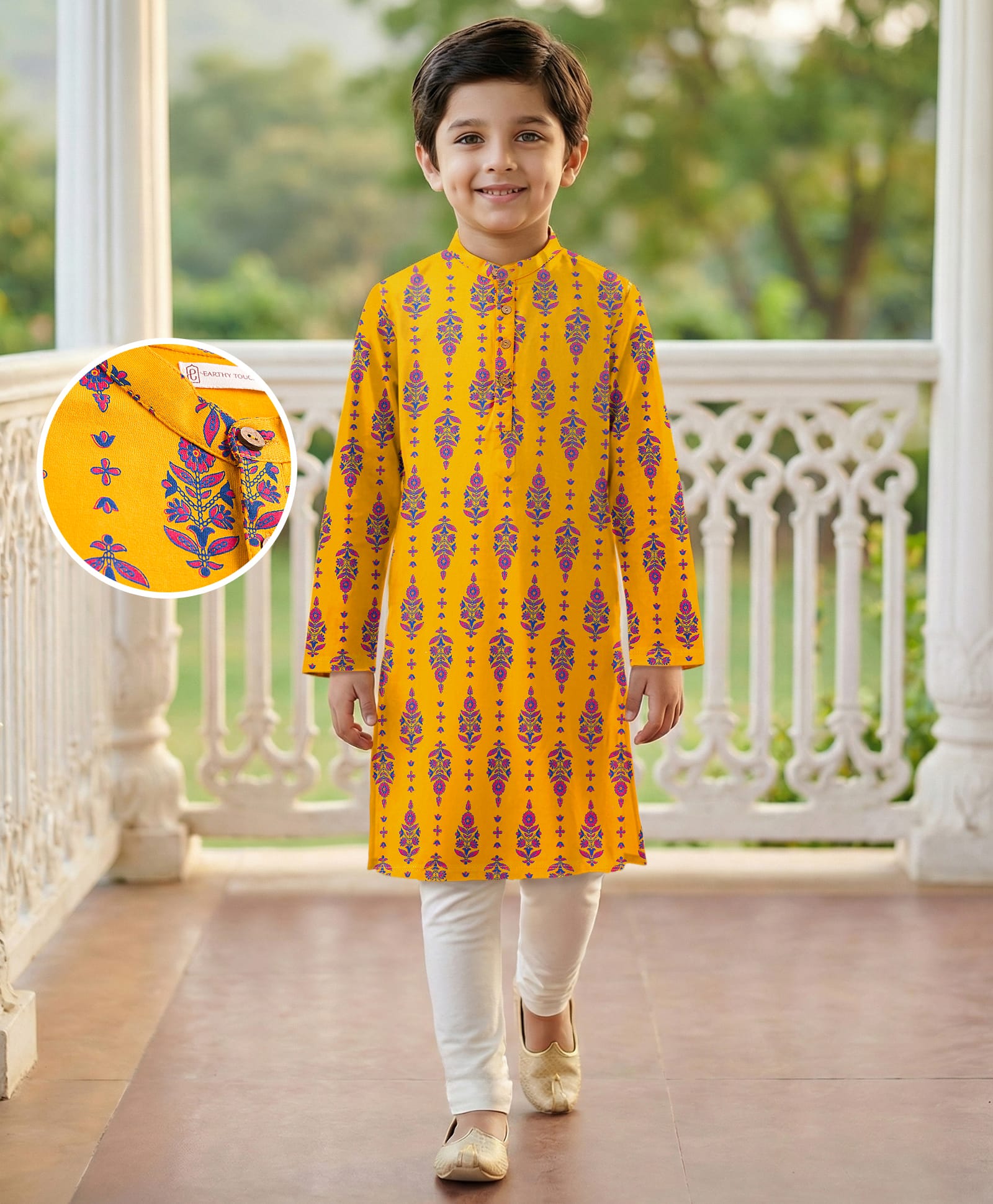 EARTHY TOUCH 100% Cotton Knit Full Sleeves Floral Printed Kurta & Pyjama Set - Yellow-picture-17