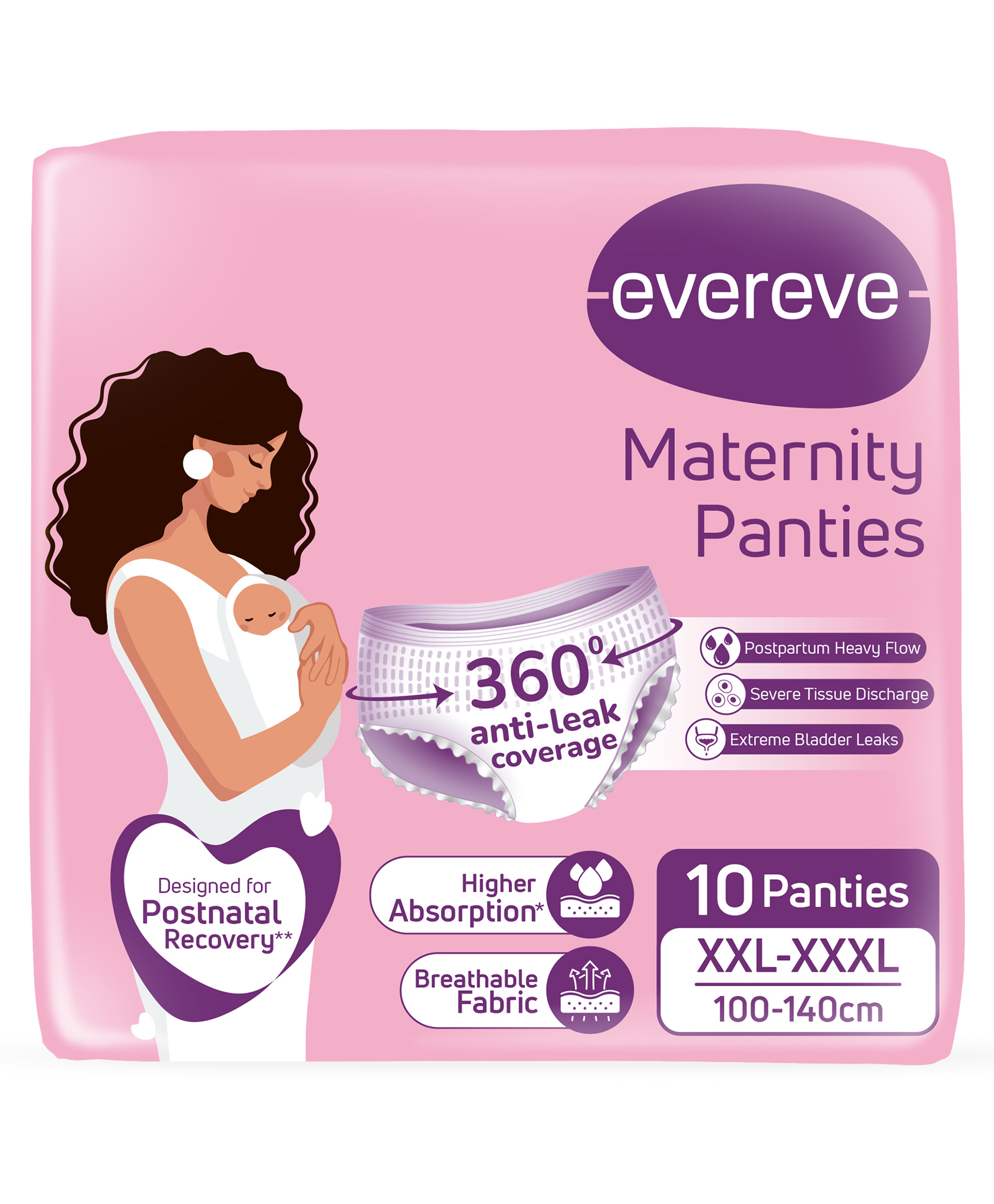 Evereve Maternity Period Panties Postpartum Heavy Flow, 360° Leak Protection, 3X Absorption XXL-XXXL - Pack of 10