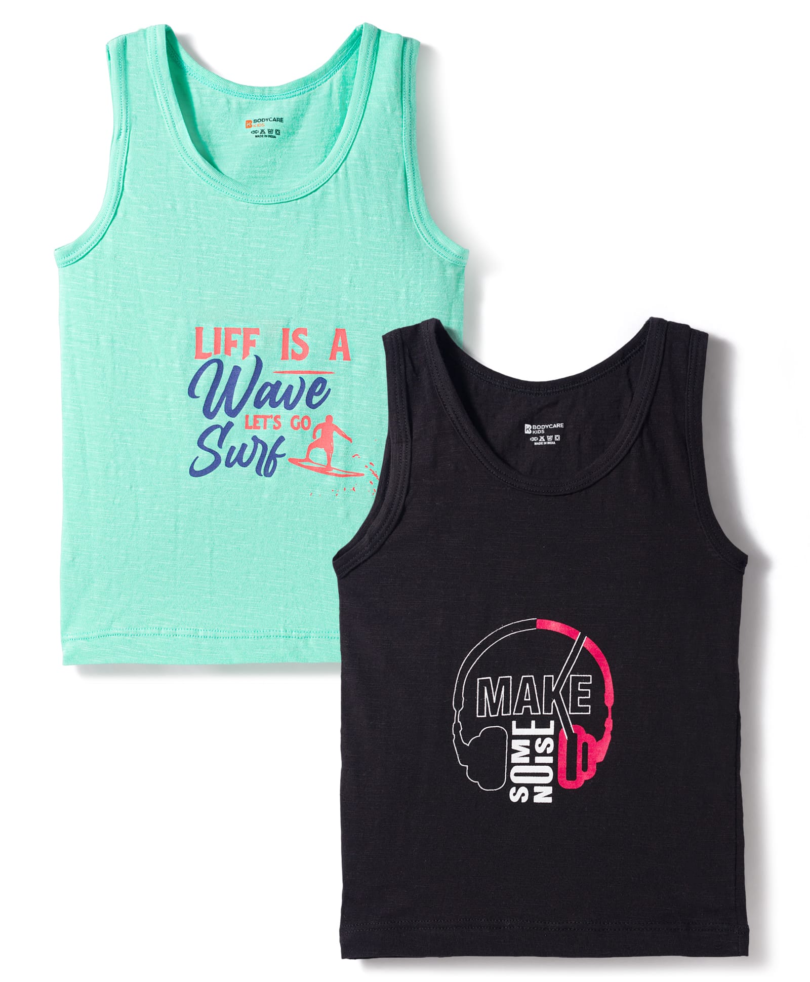 Bodycare Cotton Knit Sleeveless Beach Theme Printed Vests Pack Of 2 - Black & Sea Green-image-45