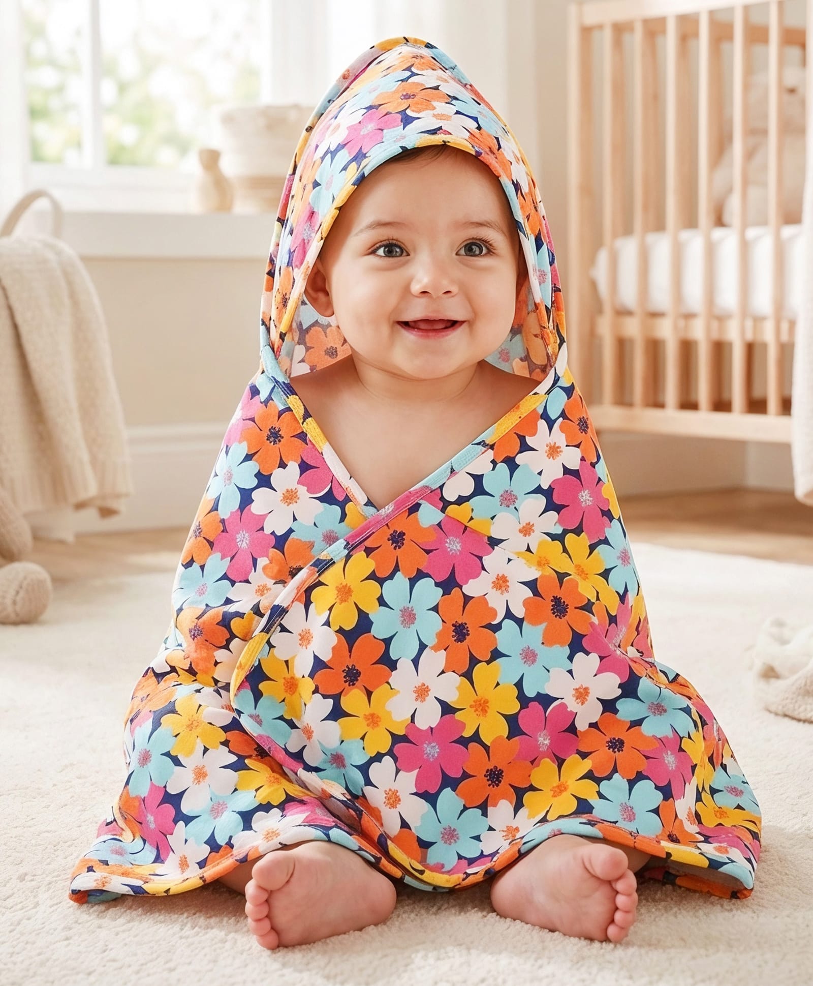 Babyhug Cotton Knit Hooded Wrapper With Floral Print L 73 x B 72 cm - Multicolour-image-38