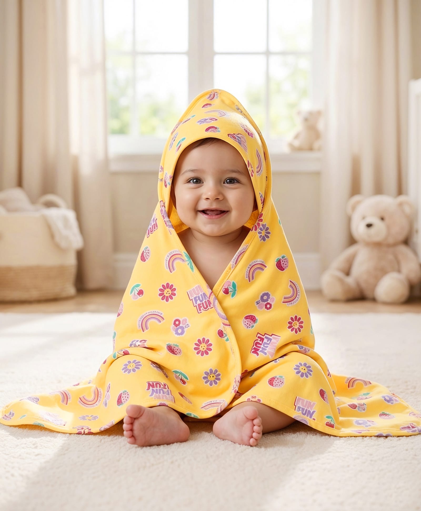 Babyhug Cotton Knit Hooded Wrapper With Polka Dot Print L 73 x B 72 cm - Yellow-image-37