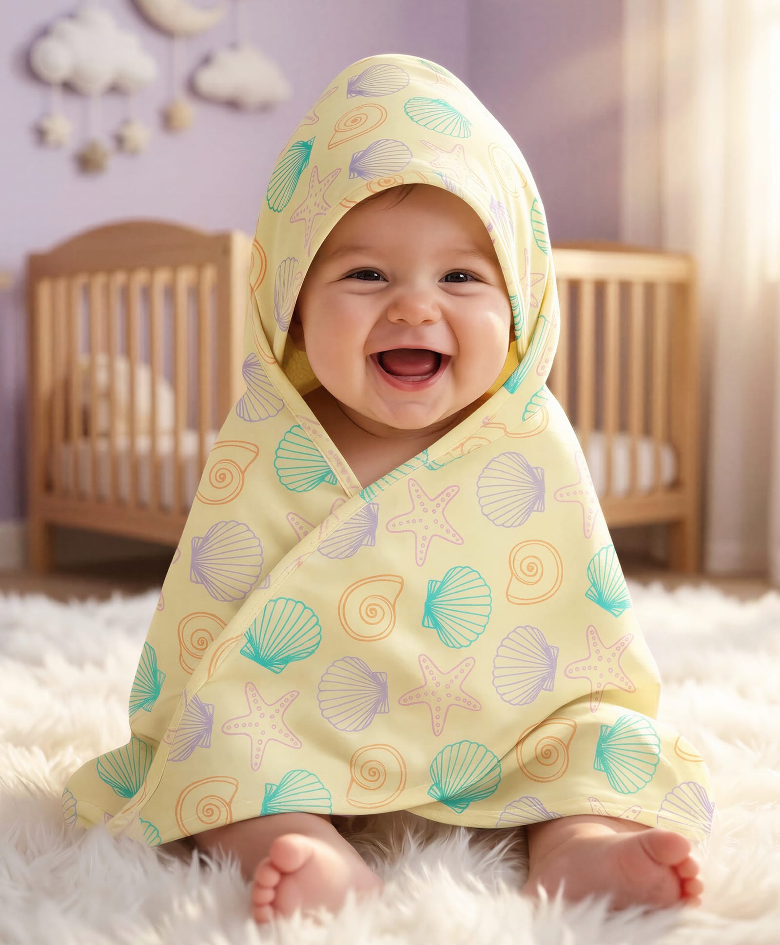 Babyhug Cotton Knit Hooded Wrapper With Sea Life Theme Print L 73 x B 72 cm - Yellow-image-30