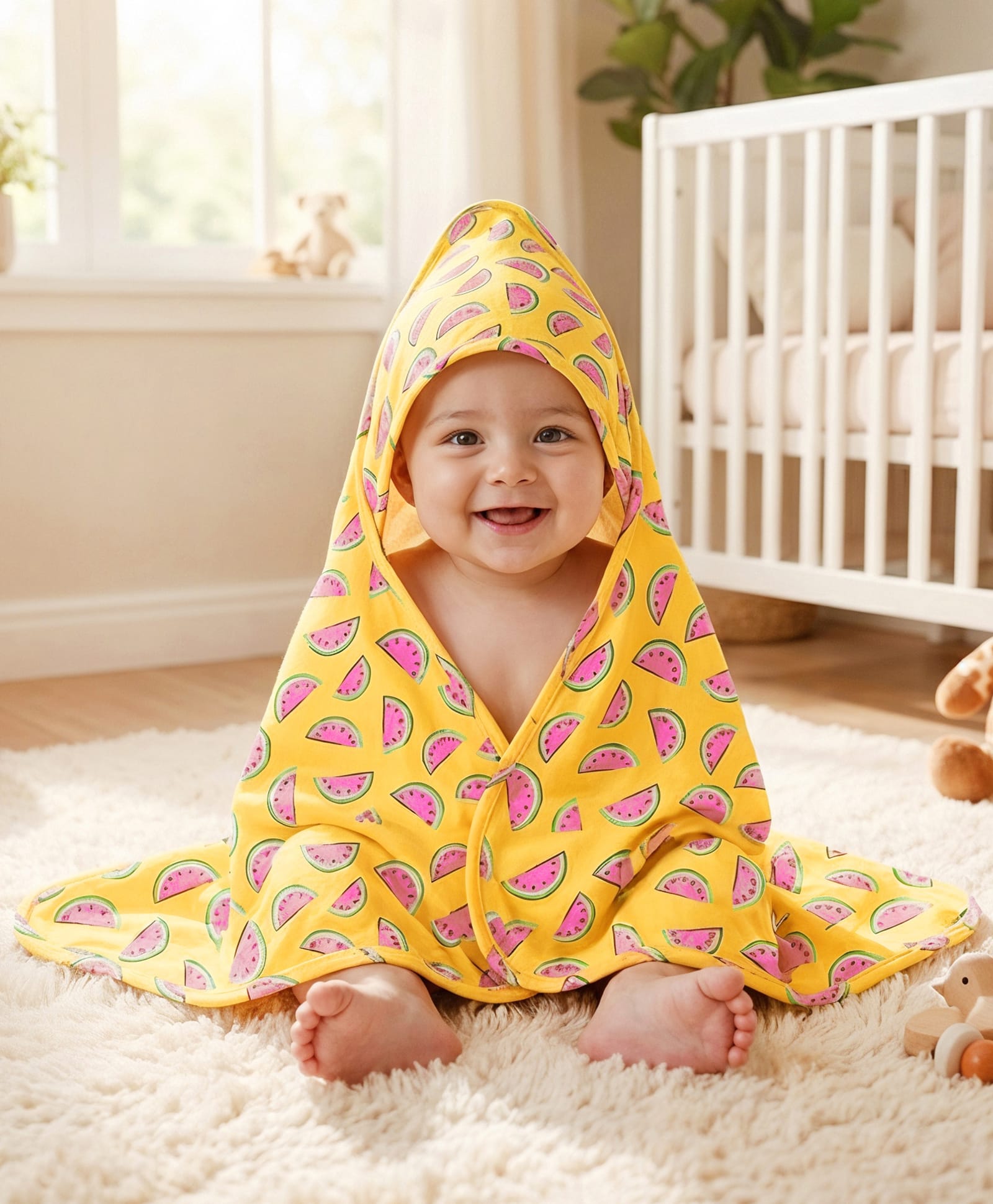 Babyhug Cotton Knit Hooded Wrapper With Watermelon Print L 73 x B 72 cm - Yellow-image-39