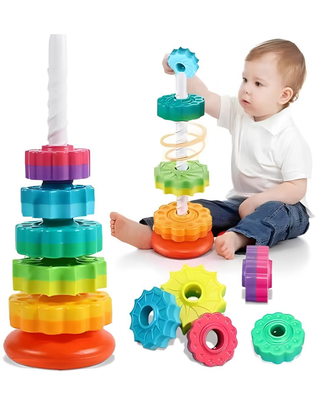 ADKD Rainbow Spinning Stacking Tower Stacking Toy for Toddlers and Babies with 5 Ring Blocks- Multicolor-picture-21