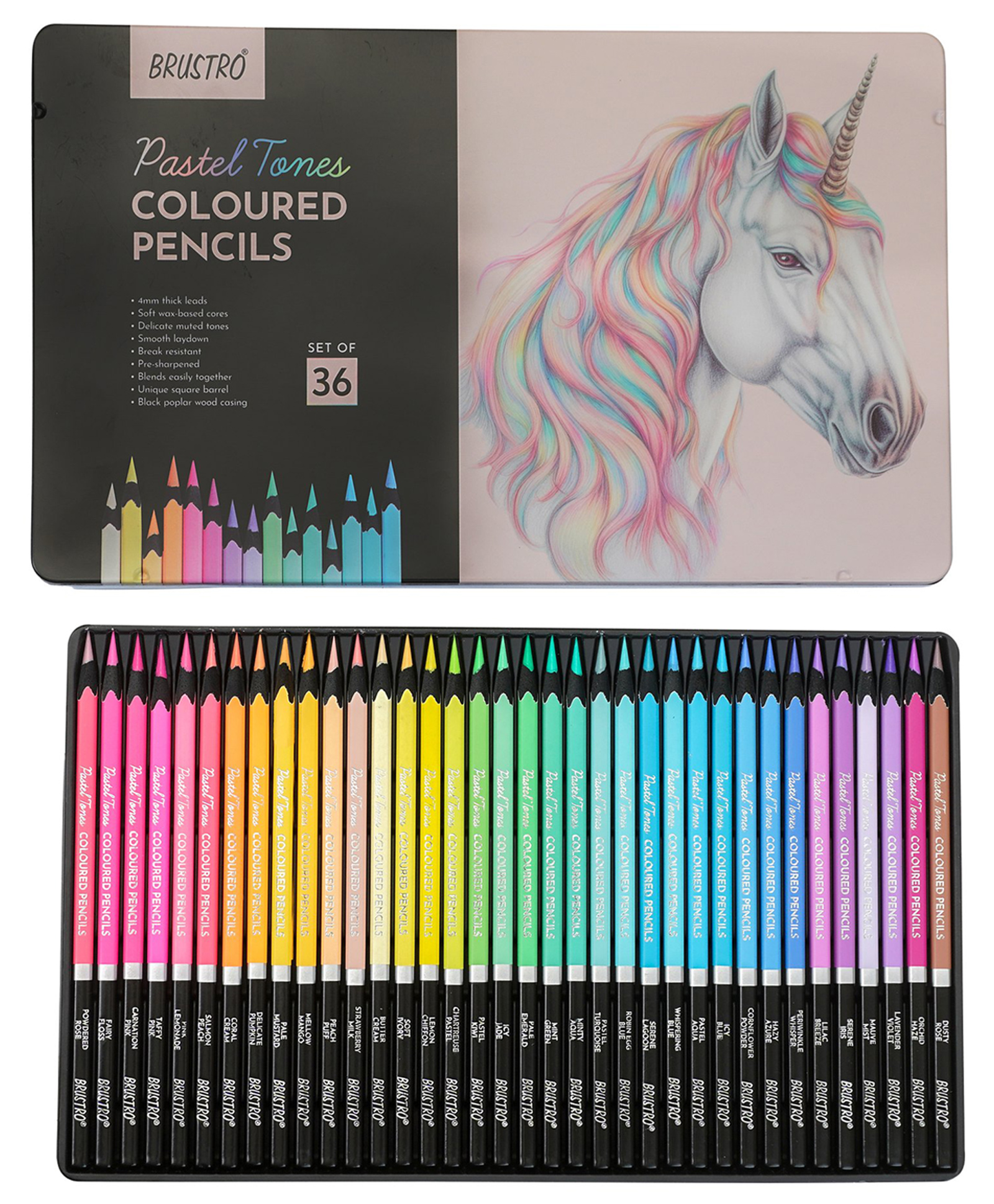 BRUSTRO Artist's Pastel Tone Coloured Pencils (Set of 36) in a Tin Box, Drawing & Colouring, Ideal for Blending & Shading-image-44