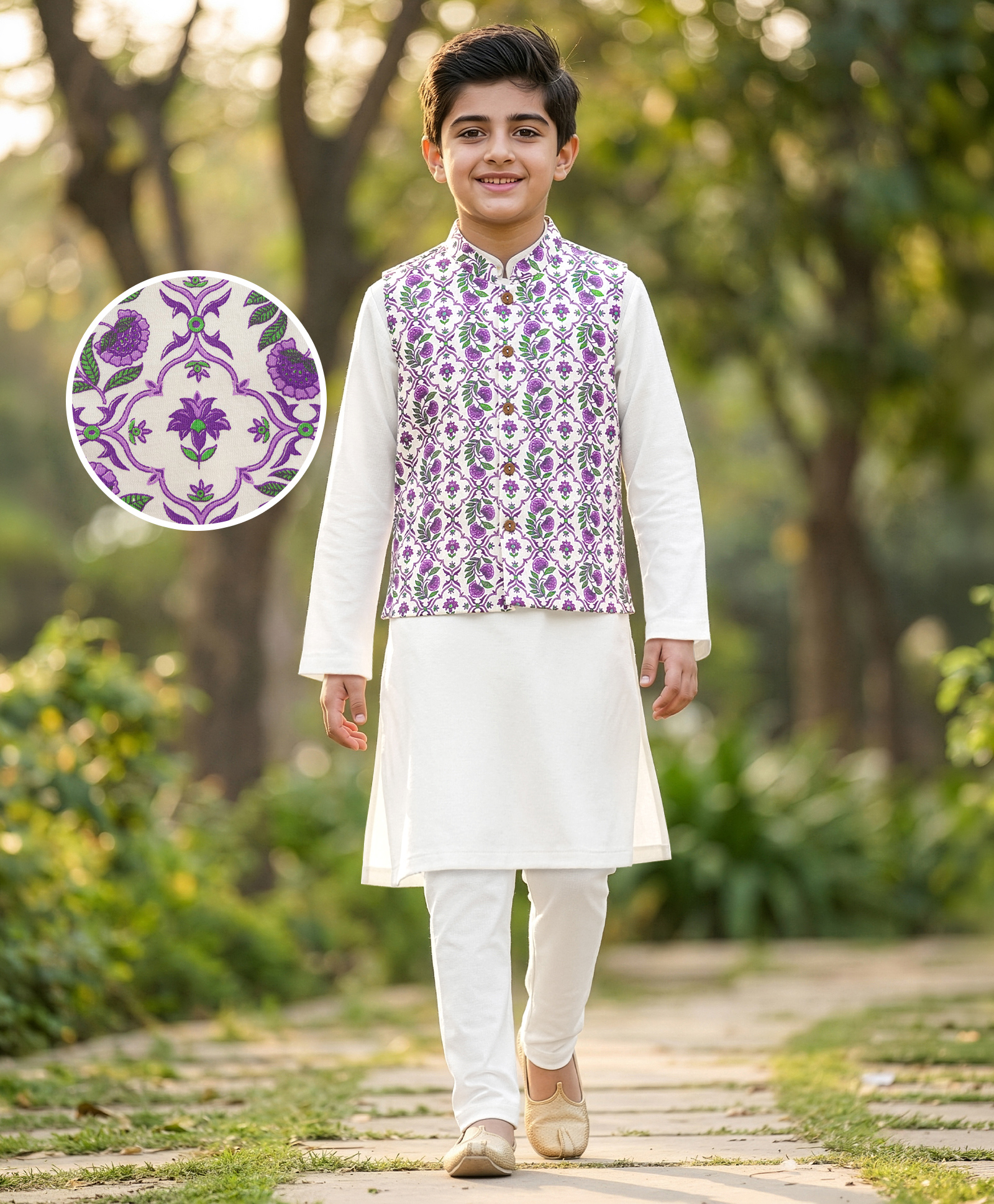 EARTHY TOUCH Cotton Knit Full Sleeves Kurta Pajama Set with Jacket & Floral Print - White-picture-14