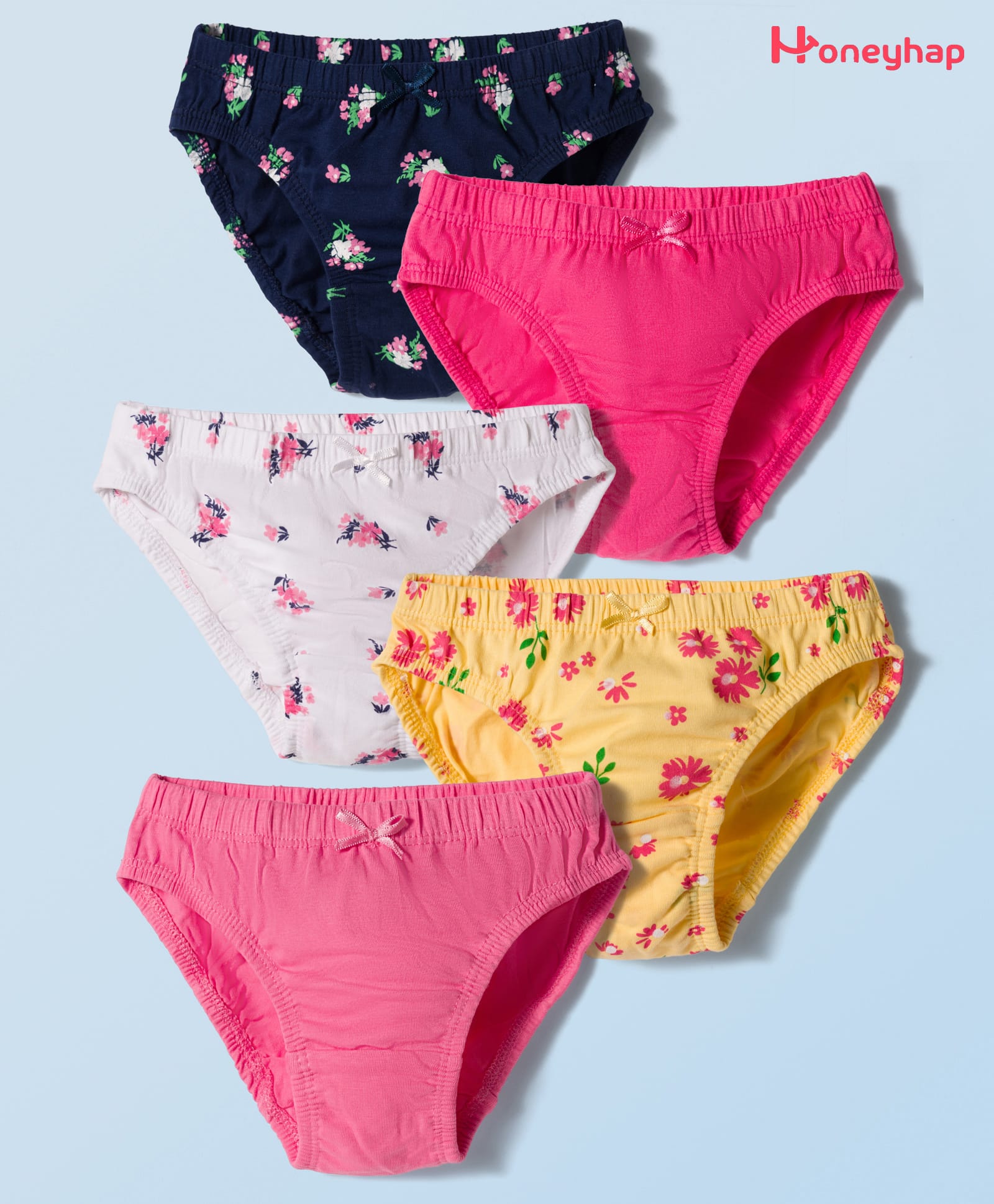 Honeyhap Premium Cotton Spandex Knit Panties With Bio Finish & Floral Print Pack of 5 - Navy Peony Sachet Pink Bright White Fandango Pink & Golden Haze-image-49