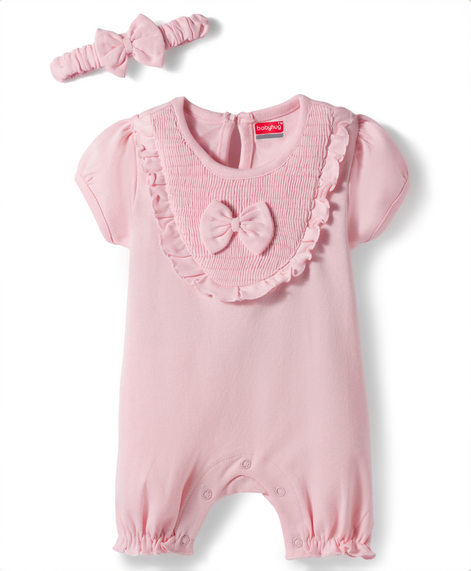 Babyhug 100 % Cotton Knit Half Sleeves Romper With Bow Applique & Headband - Baby Pink-image-20