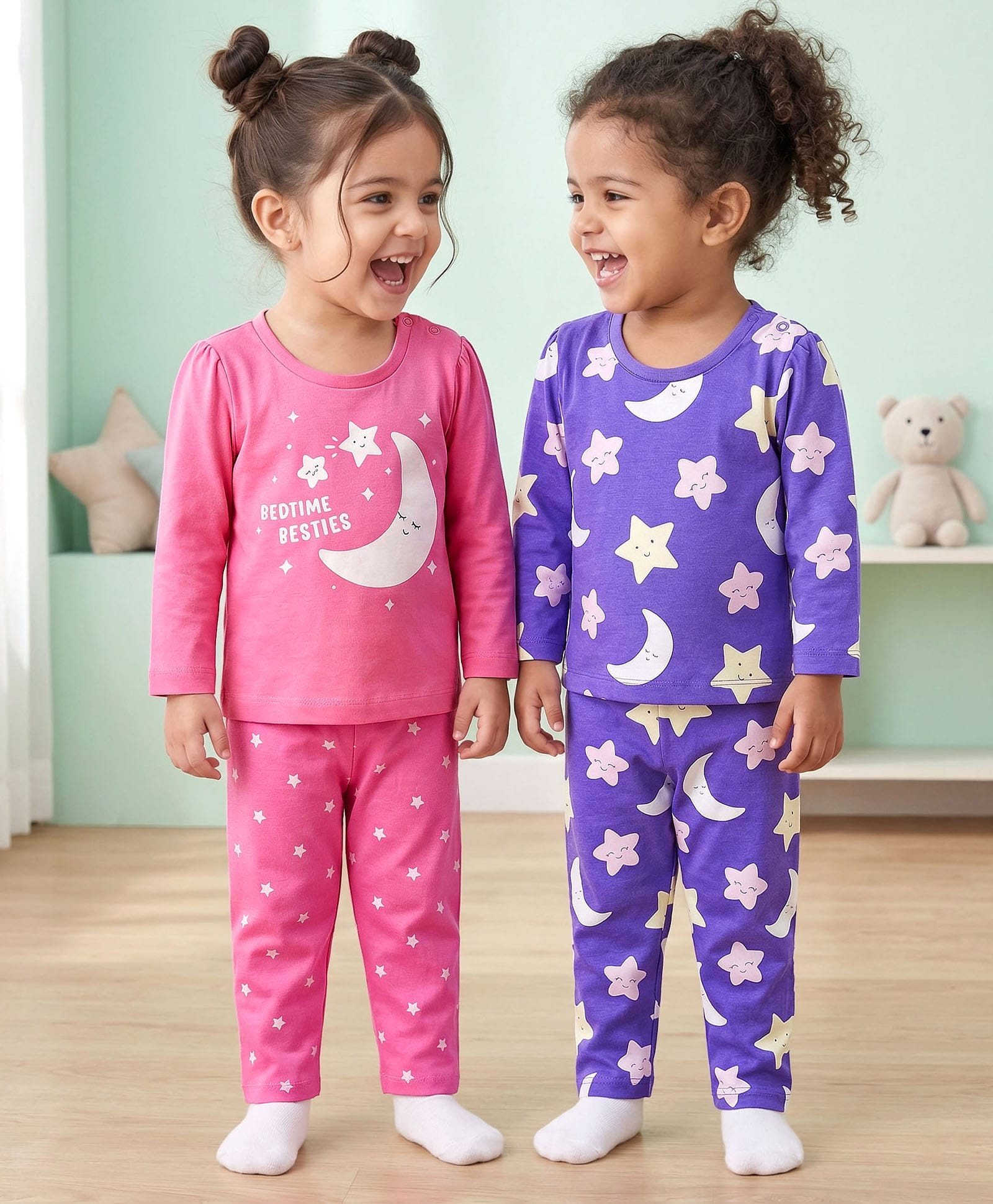 Babyhug Cotton Knit Full Sleeves Moon & Star Printed Pyjama Night Suit Pack Of 2 - Pink & Purple-image-2