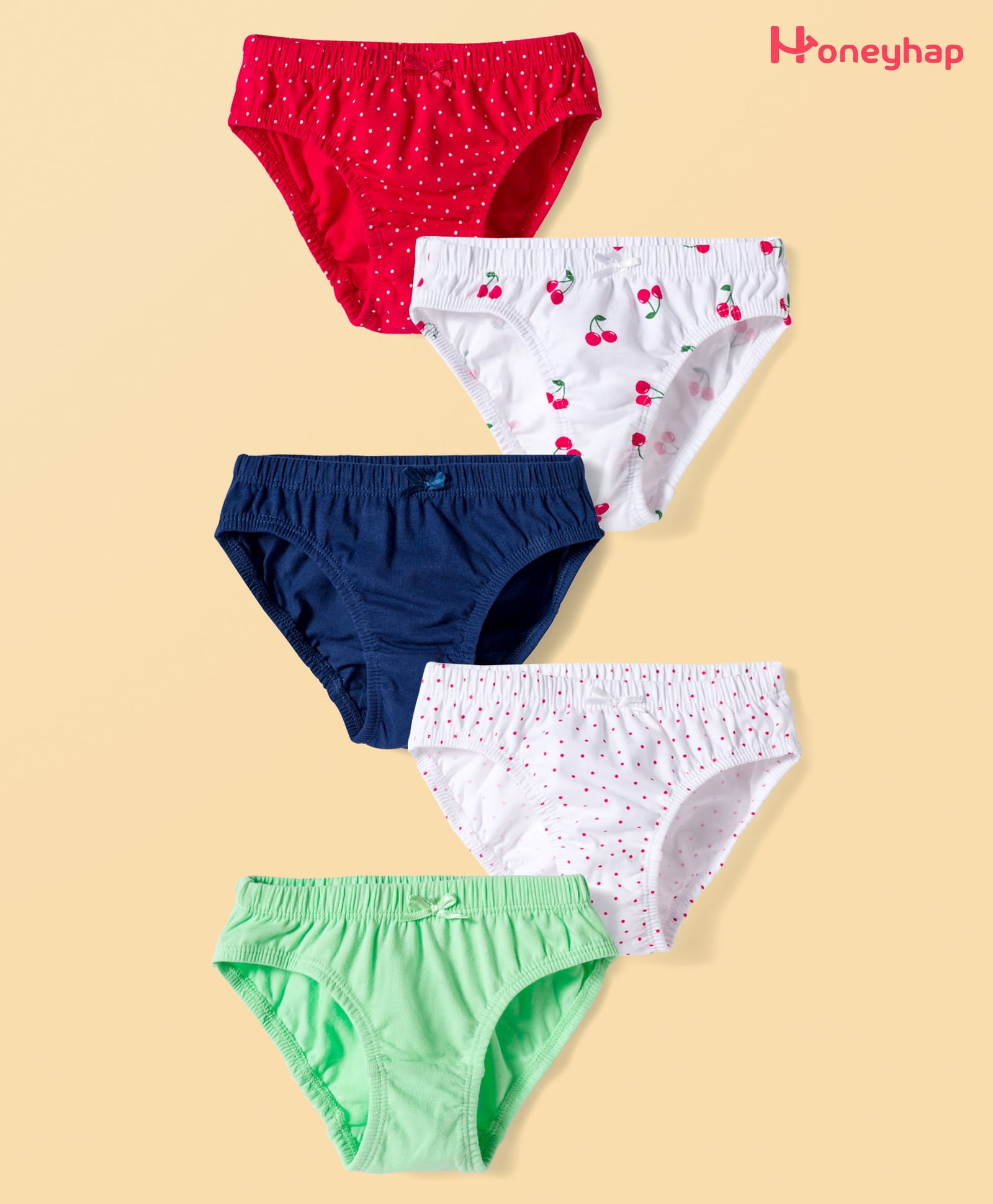 Honeyhap Premium Cotton Elastane Knit Solid Cherry & Polka Dots Printed Panties With Bio Finish Pack of 5 - Bright White High Risk Red & Paradise Green-picture-20