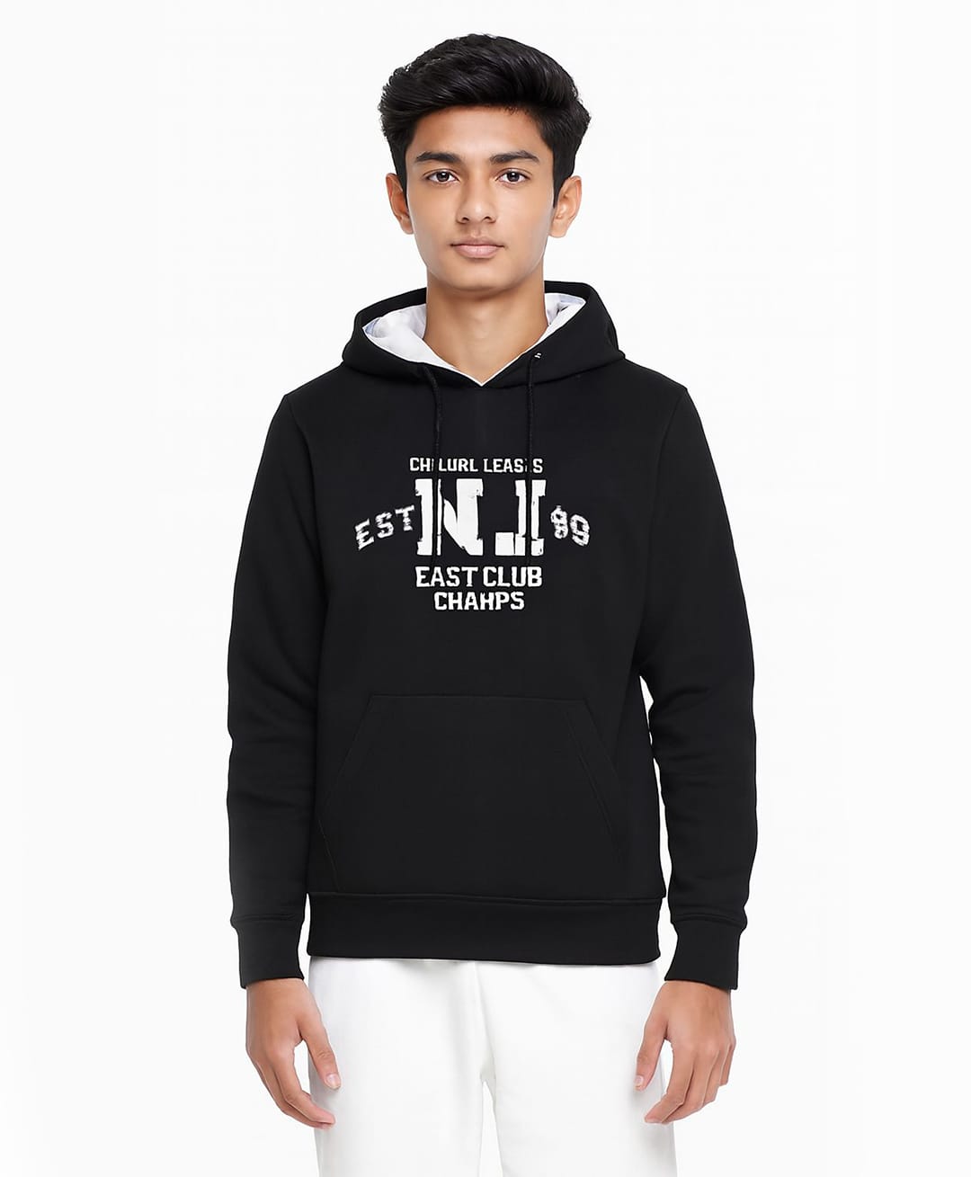 CHILINS Cotton Knit Full Sleeves Alphabet Printed Pre Winter Hooded Sweatshirt - Black-image-45