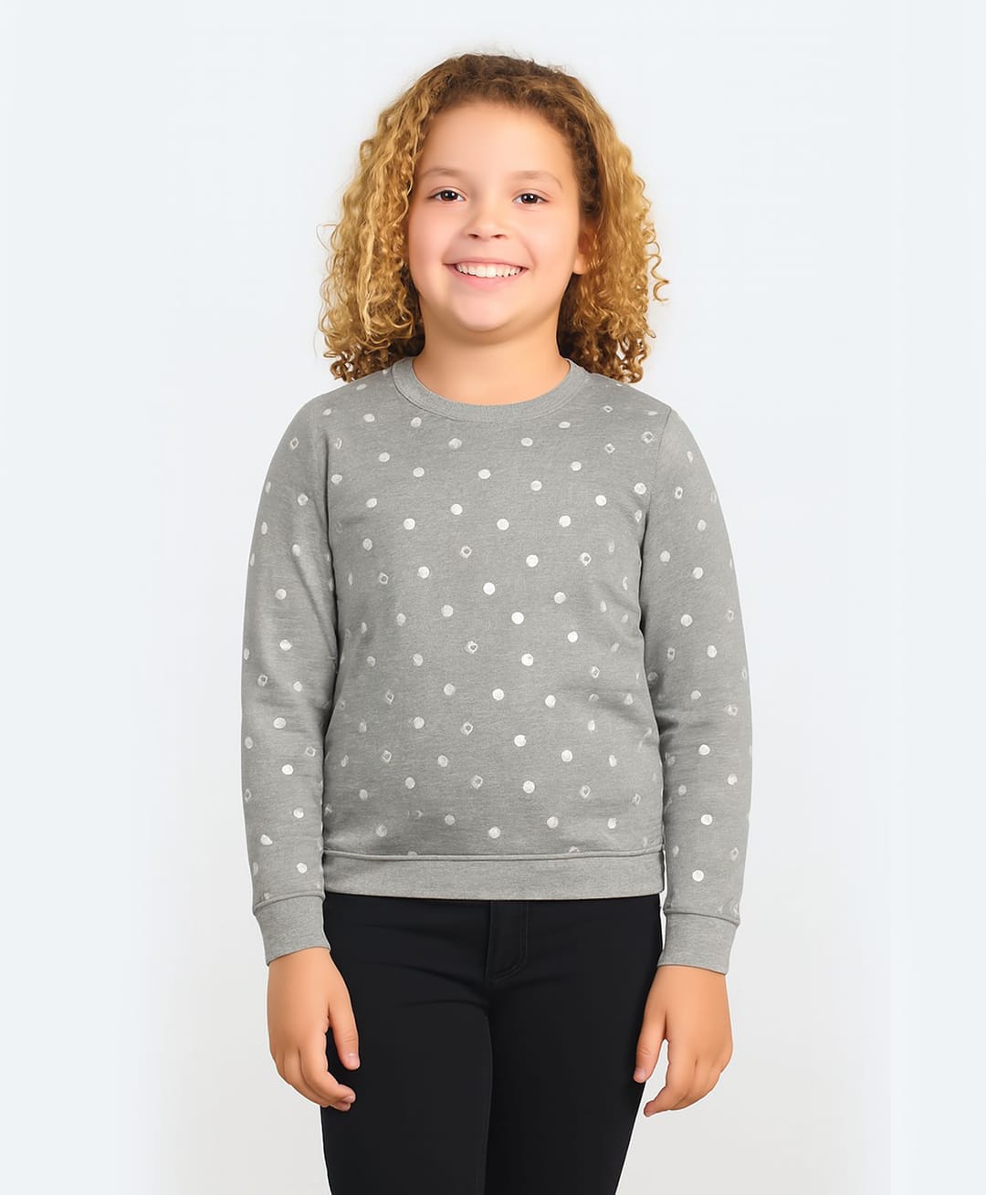 CHILINS Cotton Knit Full Sleeves Polka Dots Printed Pre Winter Sweatshirt - Grey-picture-15